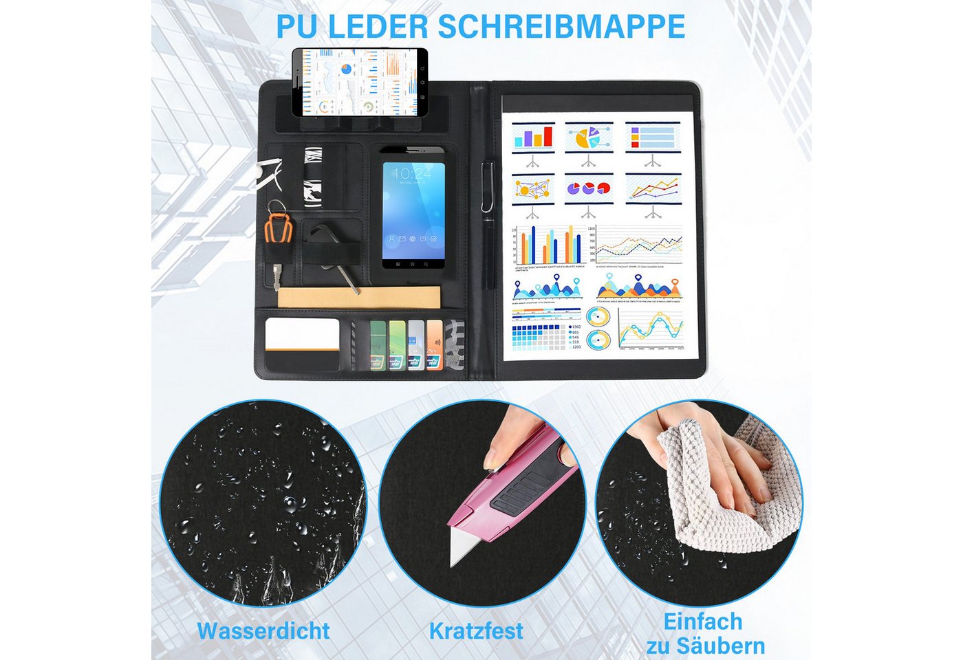 Thumbnail - ZEUOPQ Konferenzmappe Konferenzmappe A4 Schreibmappe Klemmbrett Mappe mit 5 Kartenfächern (Dokumententasche Klemmbrett, ...