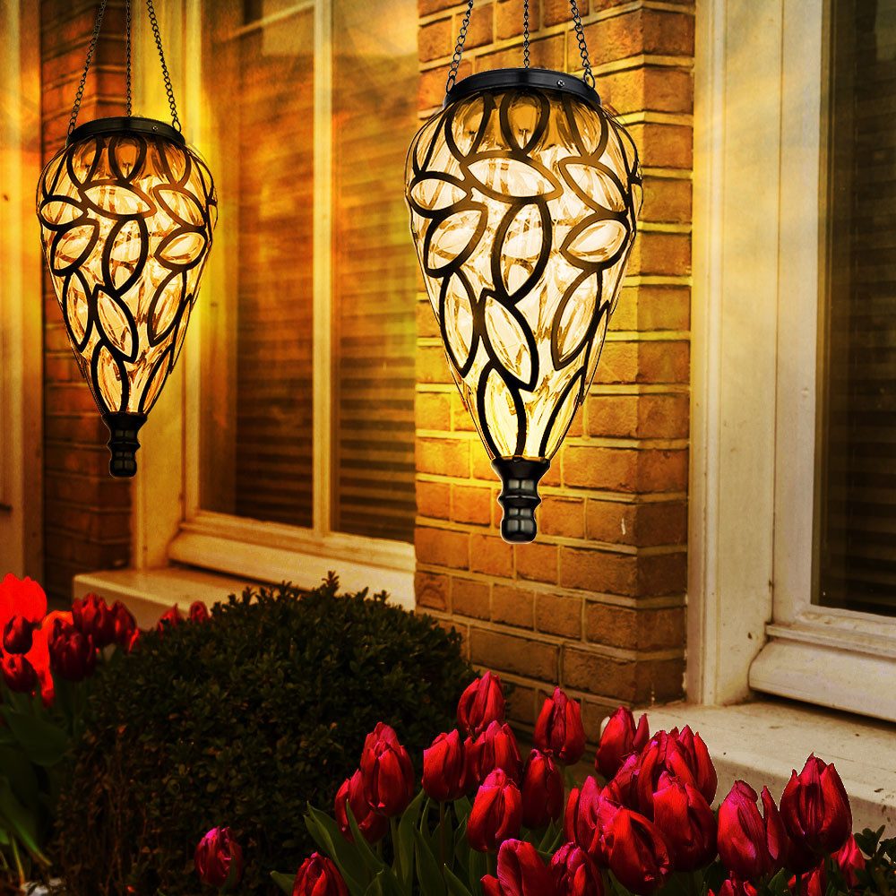 GLOBO LIGHTING LED Solarleuchte, LED-Leuchtmittel fest verbaut, Warmweiß, Solarlampe Gartendeko Hängeleuchte Außenlampe LED 2er Set