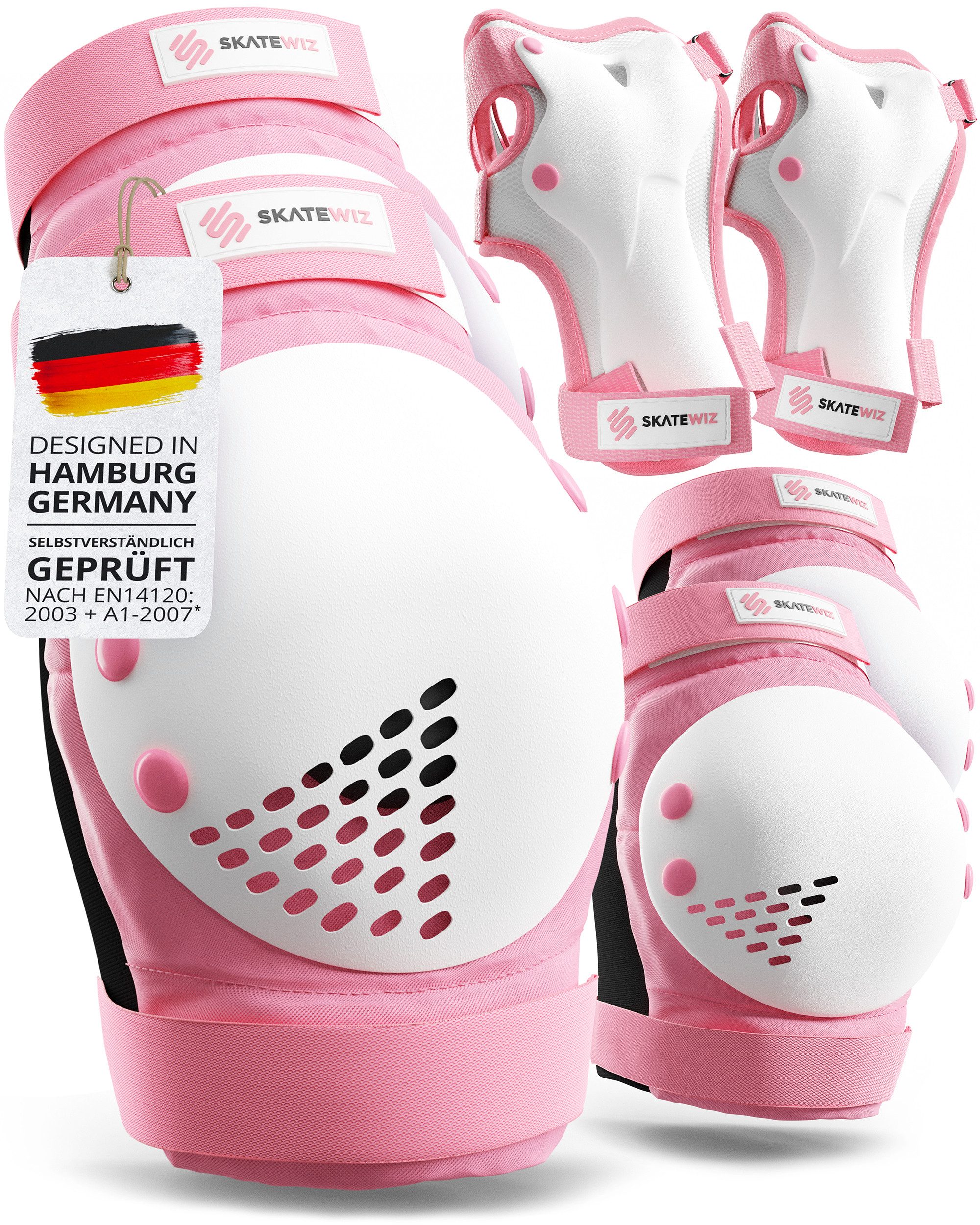 SKATEWIZ Protektoren-Set SMASH Knieschoner Kinder Inliner Schoner Erwachsene Protektoren Set (Schonerset Inliner skates Mädchen Schützer, 6-tlg., Inliner Schoner mit Knie-, Ellenbogen- und Handgelenkschützer), Schützer Inline Skates Kinder Schlittschuhe S