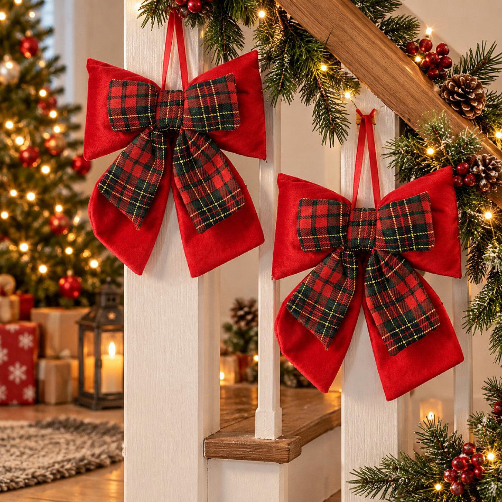 Koopman Weihnachtsbaumschleife Dekoschleife KARO 19x17 cm Rot/Grün 2er Set (2-tlg), Polyester, gepolstert, Kariert, Weihnacht
