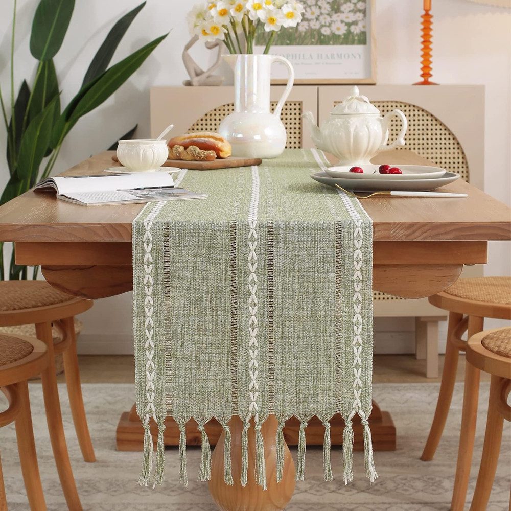 TUWENA Tischläufer Tischläufer,Landhausstil Tischdecke,Vintage Waschbar Tisch mit Fransen