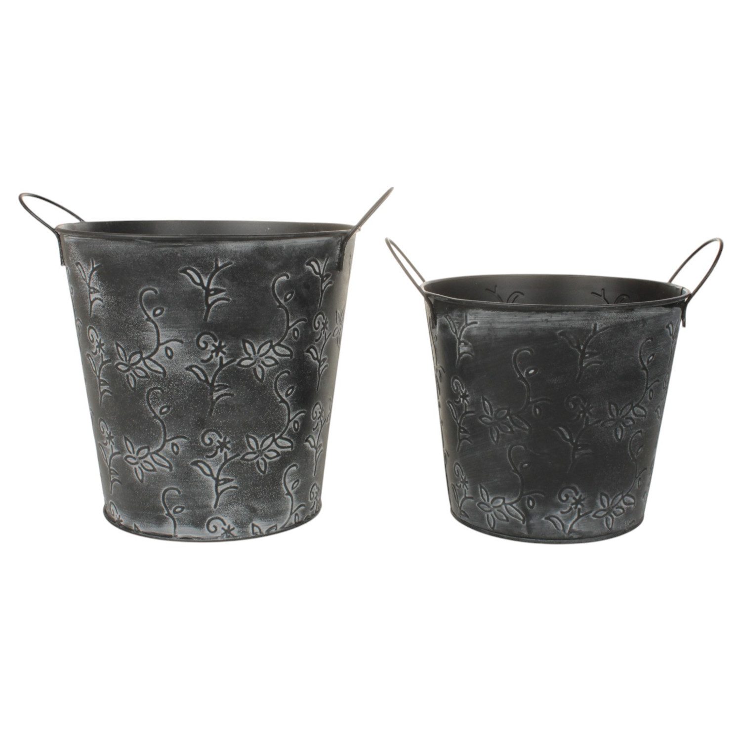 Macosa Home Pflanzkübel 2er Set Dekoeimer aus Metall mit Vintage-Blumenmuster Pflanztopf (Pflanzeimer Aufbewahrung Eimer Metalleimer, robust & dekorativ Dekoaufbewahrung), Aufbewahrung Schwarz für Garten, Balkon, Wohnzimmer