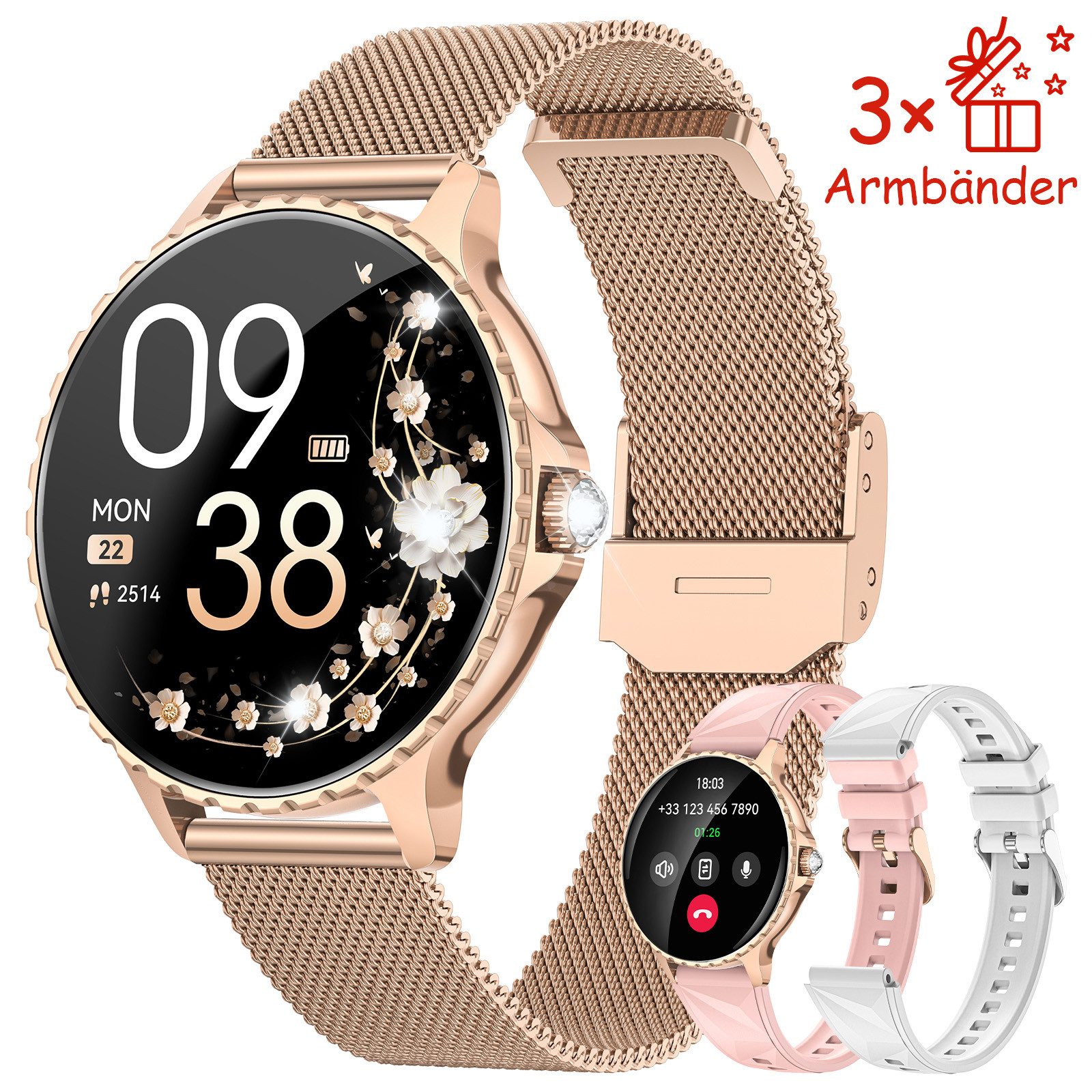 FOSMET Smartwatch Damen mit Telefonfunktion 1.27" Display Menstruationszyklus Smartwatch, Herzfrequenz-/SpO2/Schlafüberwachung für Android und iOS