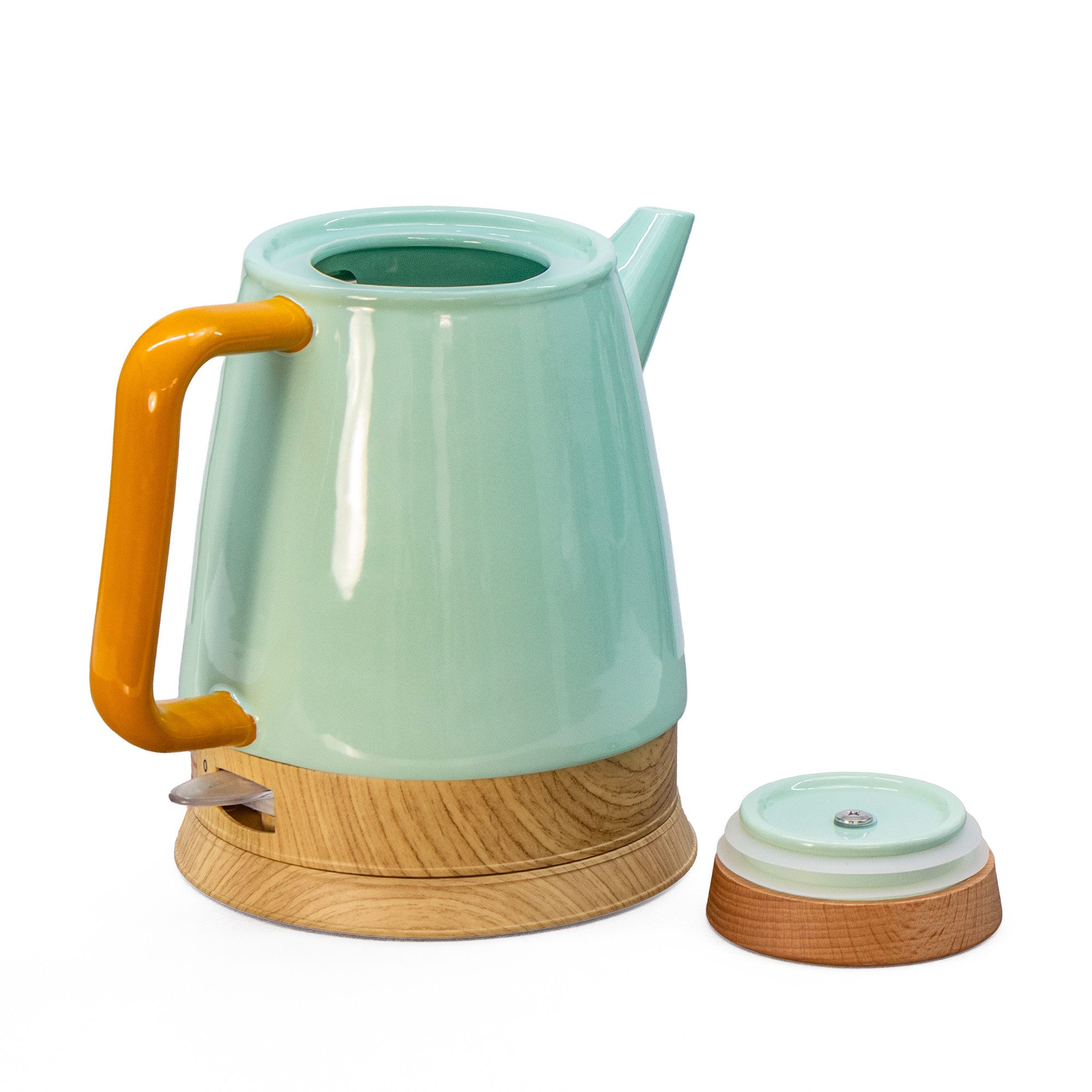 KVOTA Wasserkocher Keramik-Wasserkocher 1,5 l mint/holz mit Holzdeckel, Grün/Mint, 1.5 l, 1600 W, Holzdeckel, Glanz, smartes Design – Bild 4 von 5