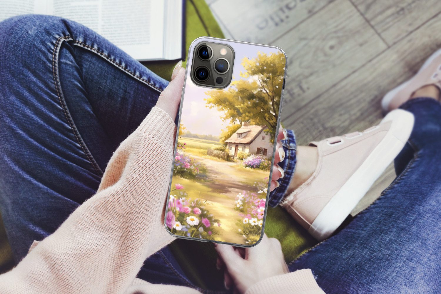 MuchoWow Handyhülle für Apple iPhone 12 Pro Landhaus - Holz - Blumen, Smartphone-Bumper, Print, Handy Schutzhülle Dünn