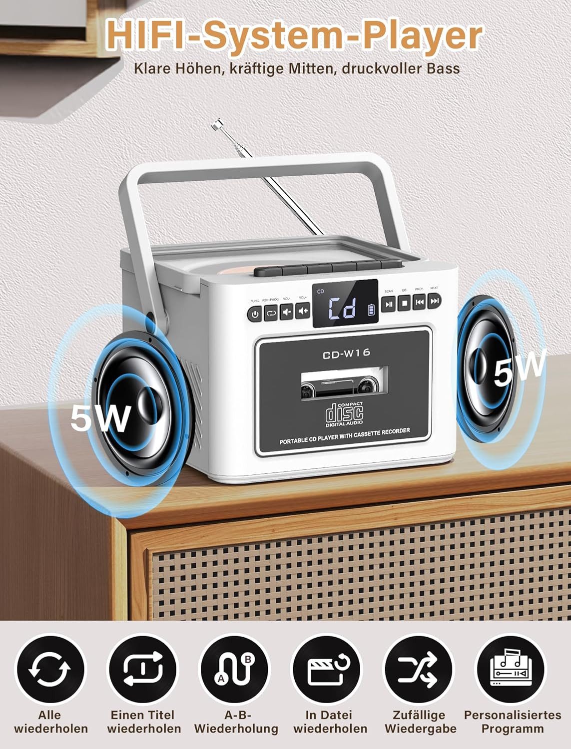 AKKEE mit Bluetooth-Lautsprecher, FM-Radio und Kassettenspieler Stereo-CD Player (USB-/AUX-/SD-Karten-Anschluss, USB-Aufladung)