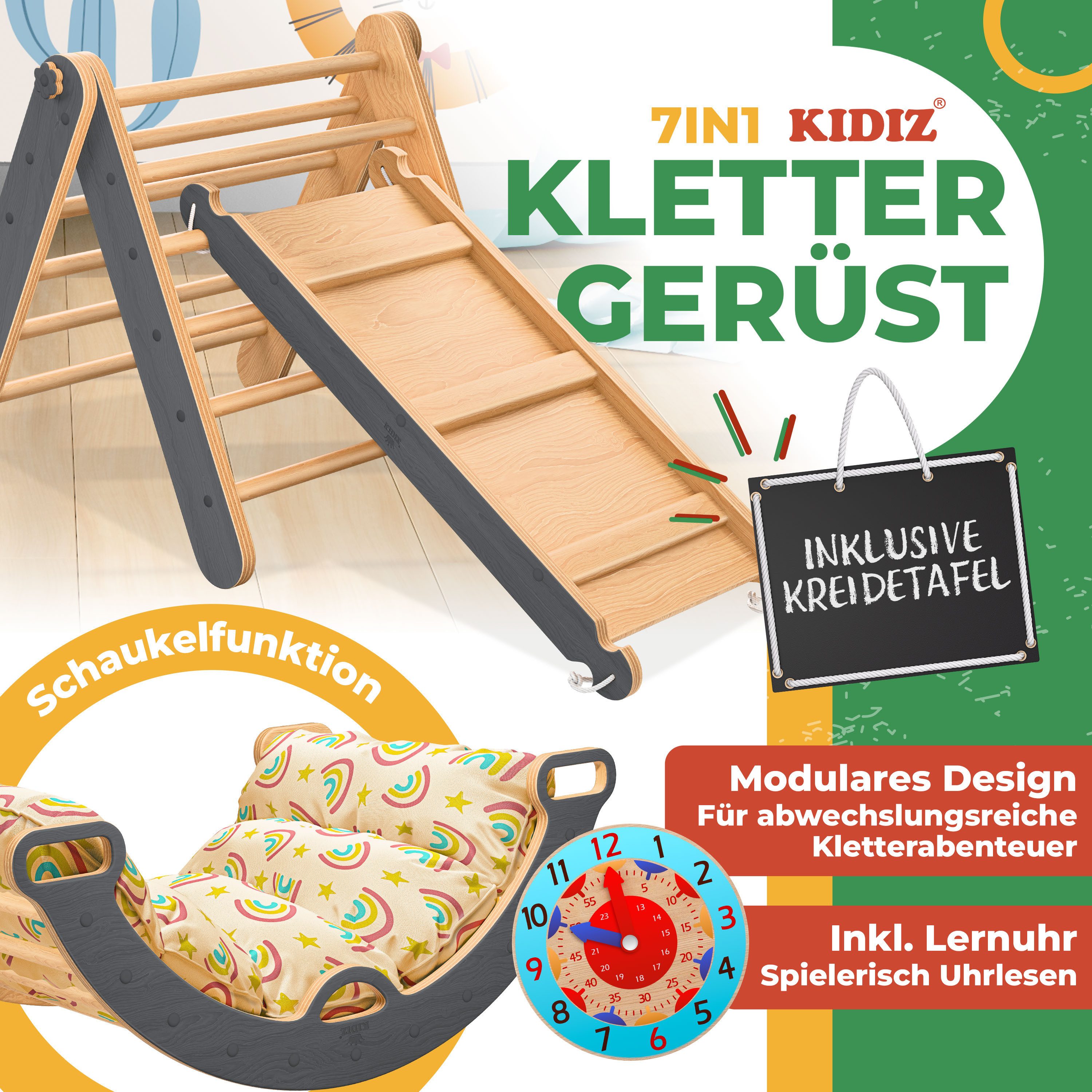 KIDIZ Klettergerüst mit Kletterbogen Montessori 7in1 Spiel-Set aus Holz, (inklusive Rutsche, Kletterdreieck, Kissen, Tafel & Lern-Uhr), Indoor Spielplatz für Kleinkinder ab 1 Jahr & Kinder bis 3 Jahre
