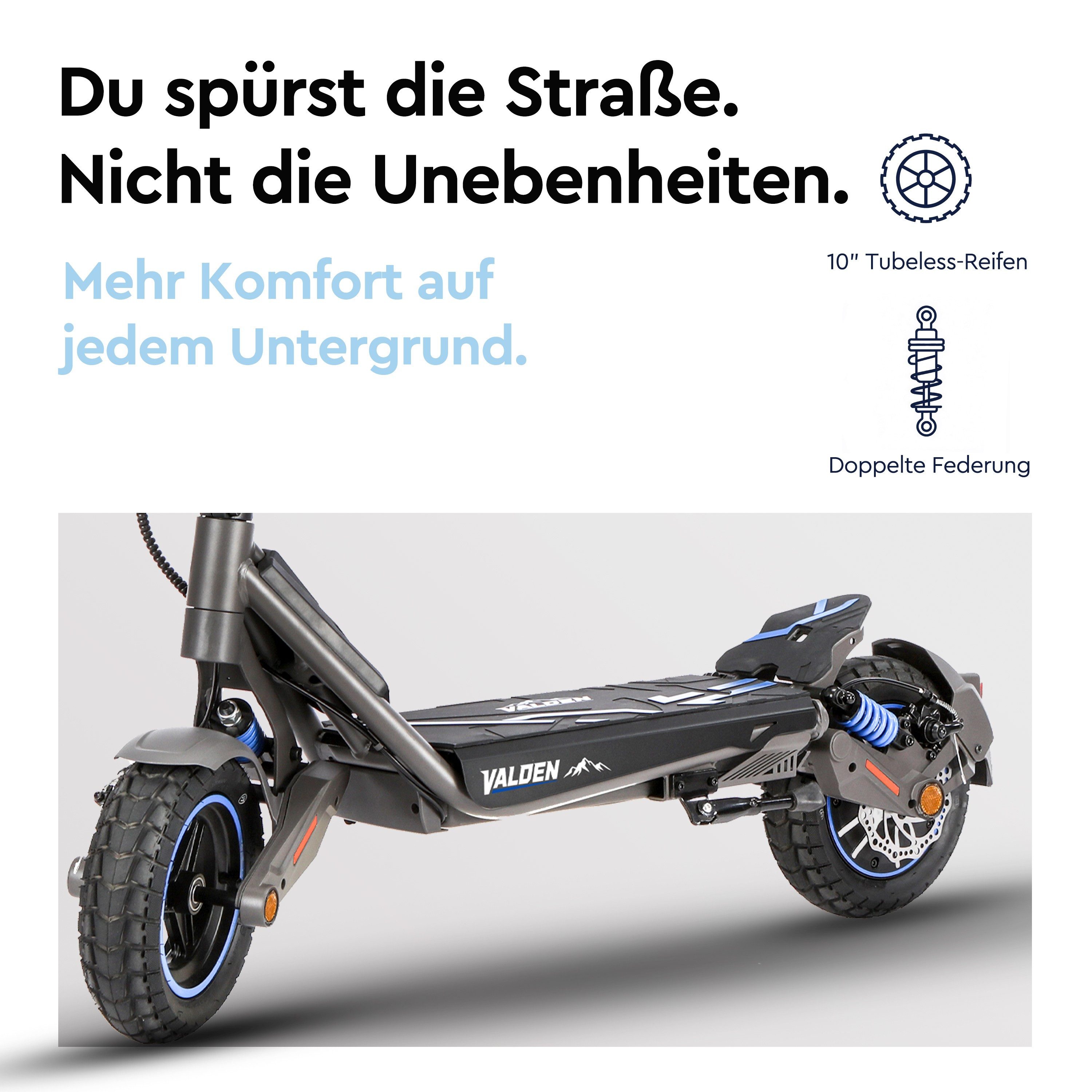 Valden E-Scooter GT mit Straßenzulassung 500 W 45 km Blinker pannensicher NFC Lock, 500 W, 20 km/h, 1000W Spitzenleistung, Vollfederung, 140 kg Tragkraft