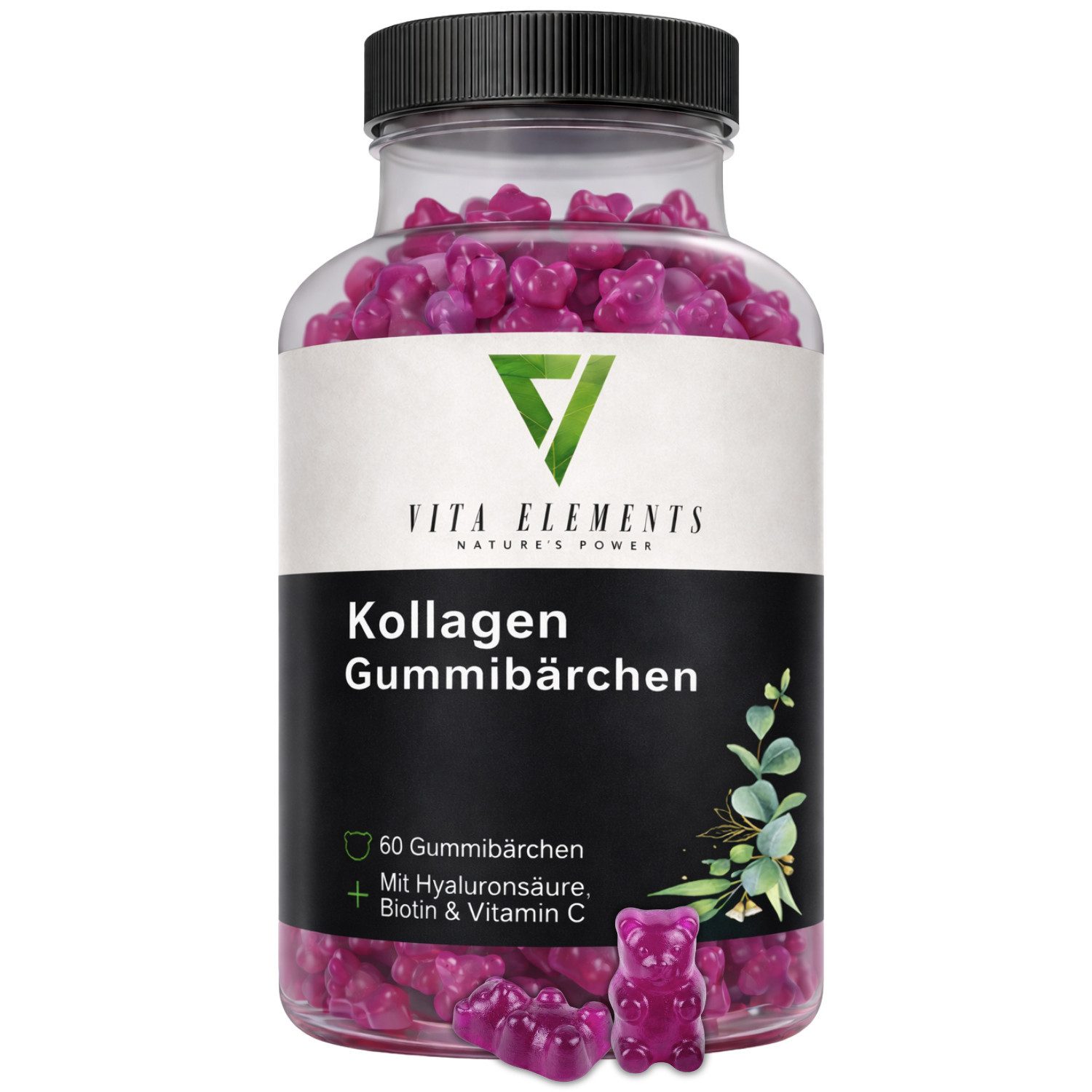 Vita Elements Kollagen Gummies - Mit Hyaluronsäure, Vitamin C & Biotin, 60 Gummibärchen, 1 er Packung à 60 St., Frei von Gentechnik, Ohne unnötige Zusätze und Laborgeprüft