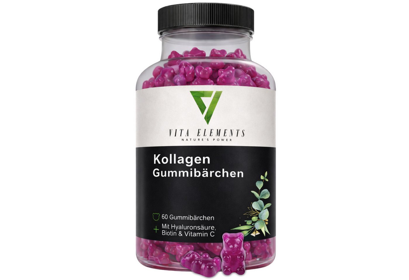 Vita Elements Kollagen Gummies - Mit Hyaluronsäure, Vitamin C & Biotin, 60 Gummibärchen, 1 er Packung à 60 St., Frei von Gentechnik, Ohne unnötige Zusätze und Laborgeprüft