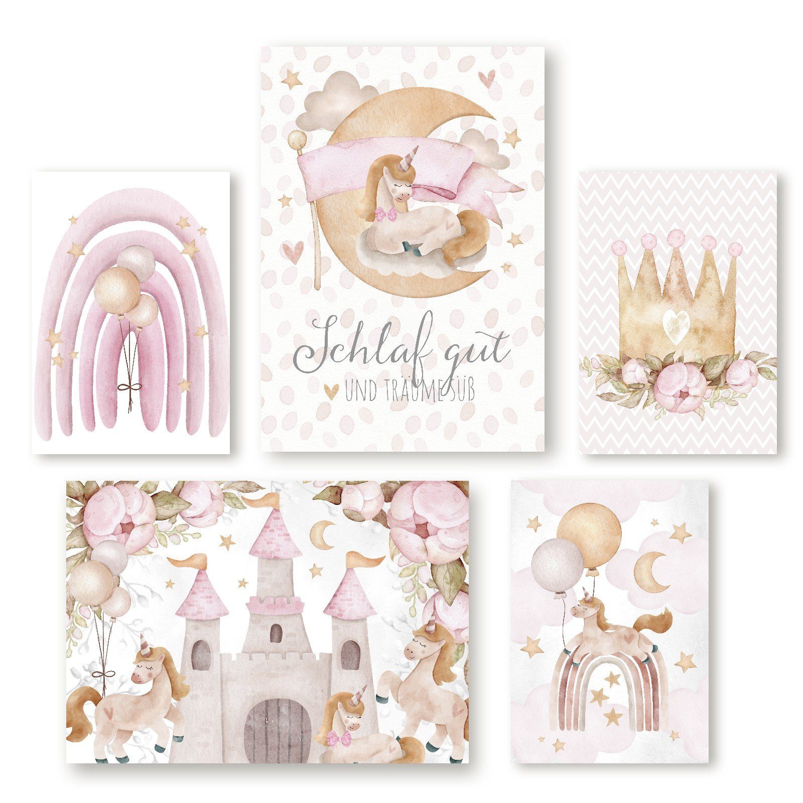 homestyle-accessoires Poster Kinderzimmerbilder Bilderset Kinderbilder SCHLAF GUT EINHORN UNICORN, (5 St), - Ohne Bilderrahmen - sorgfältige & sichere Verpackung