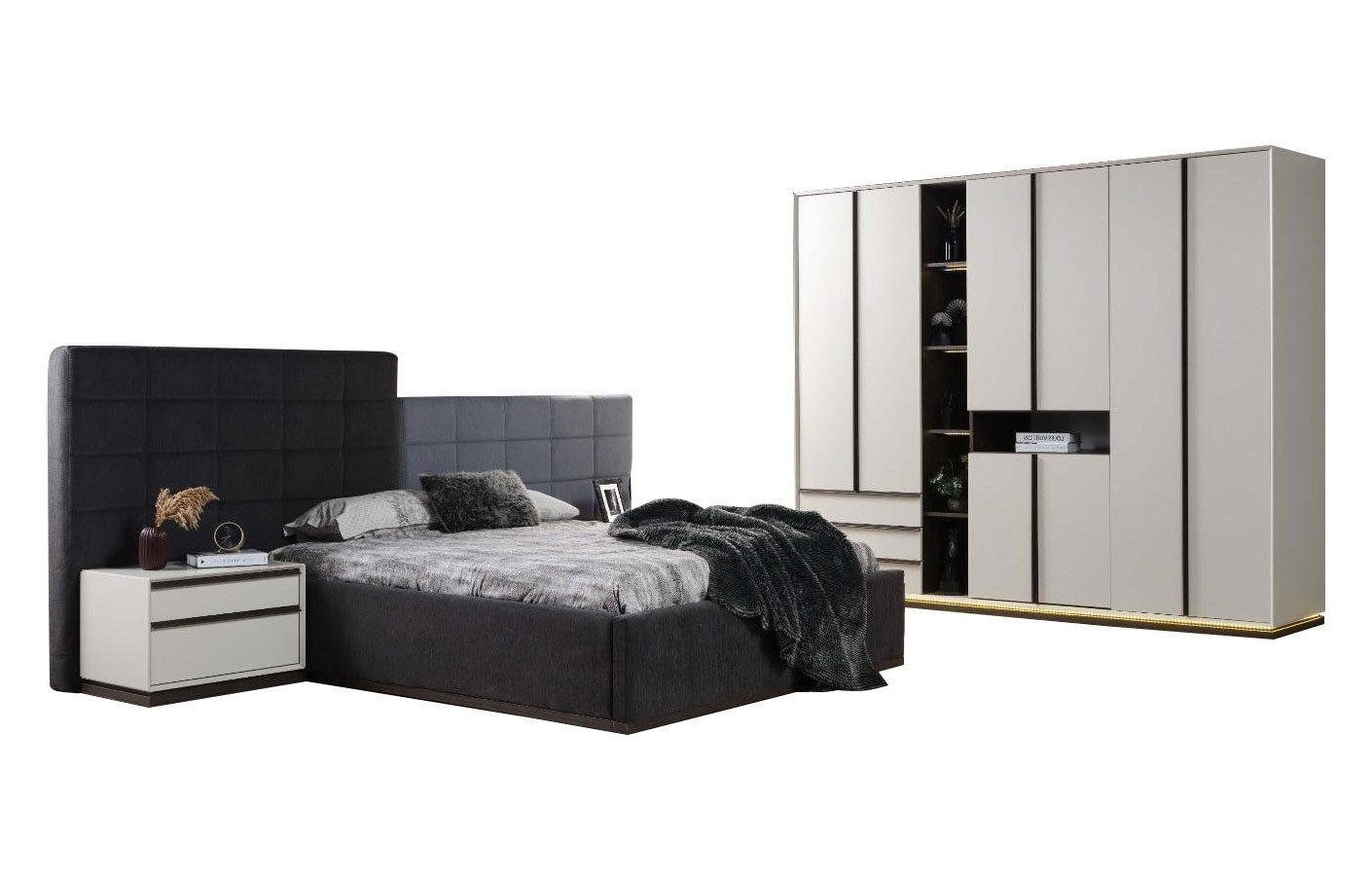 Xlmoebel Schlafzimmer-Set Elegantes Doppelbett in Grau mit Nachttischen und Schrank, (4-tlg., Bett, 2x Nachttische, Kleiderschrank), Hergestellt in Europa