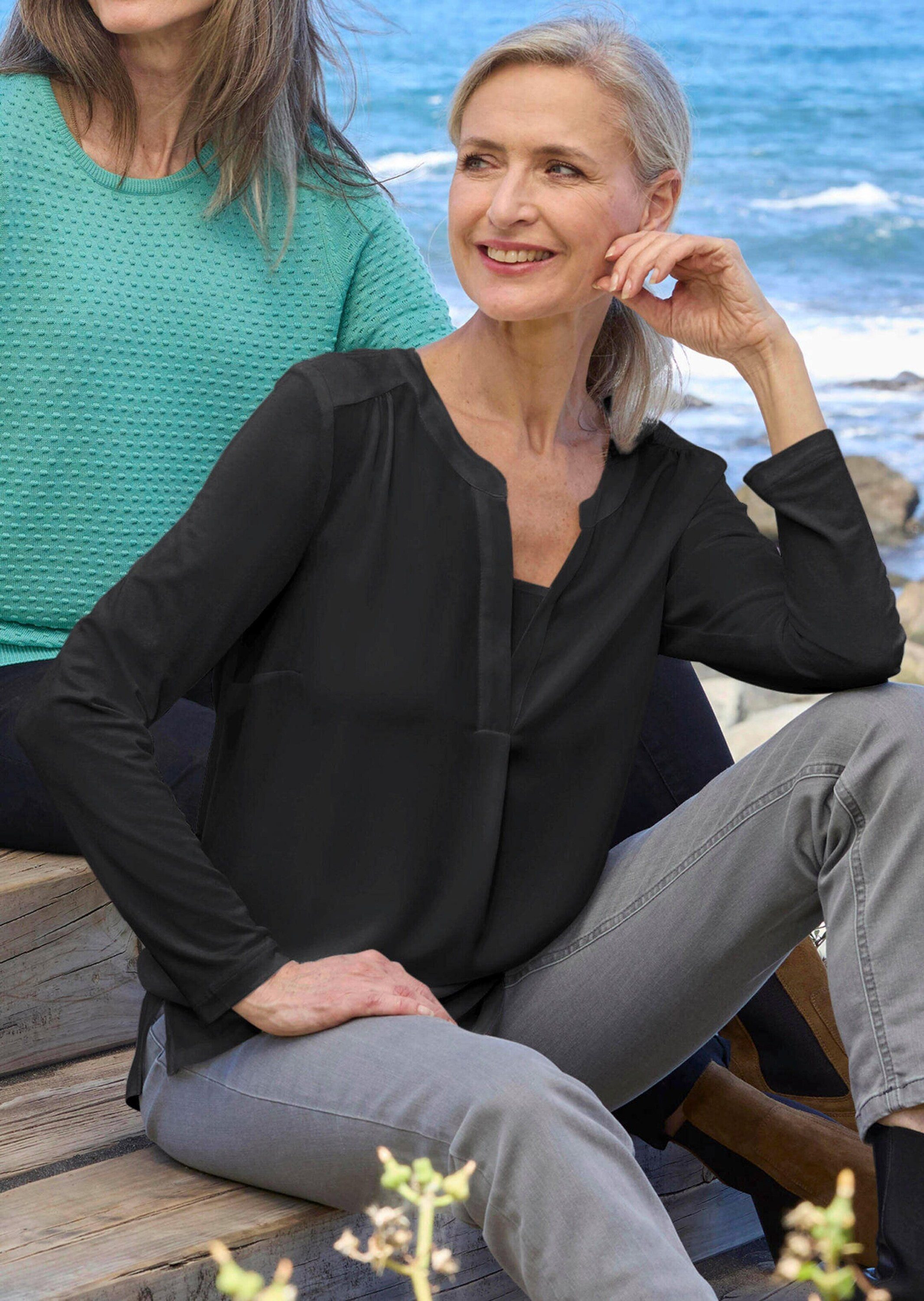 GOLDNER Shirtbluse Elegantes Chiffonshirt mit Jersey-Details Langarmshirt mit Rundhals und V-Schlitz und langen Ärmeln