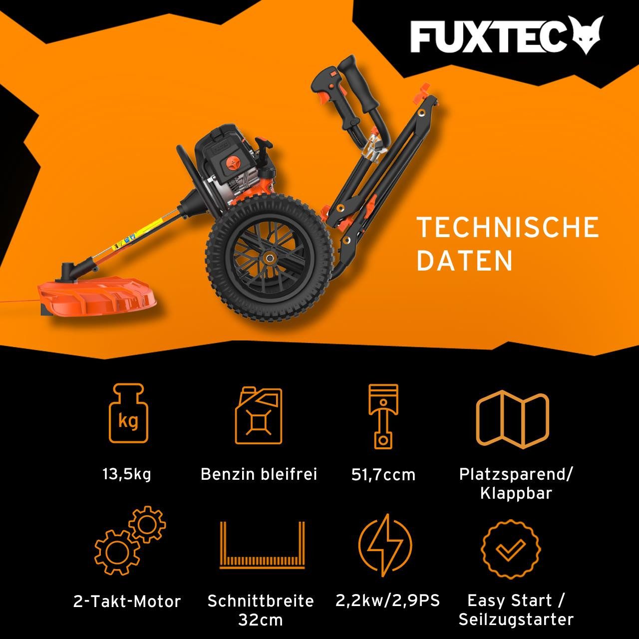FUXTEC Benzin-Motorsense FX-FSR152, 32 cm Arbeitsbreite Messer, 51.7ccm, 32cm Schnittbreite ergonomisches Design, Tippautomatik