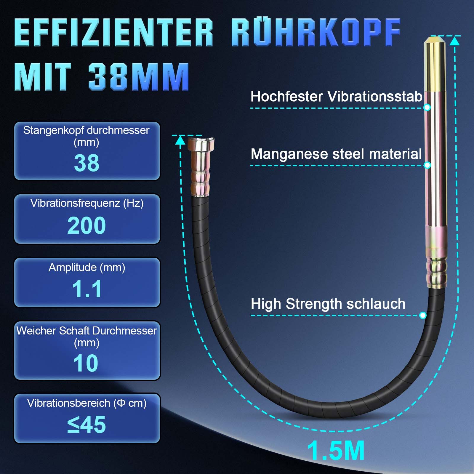 XERSEK Betonverdichter Elektro Betonrüttler 2100W Handrüttler mit Ø38mm Rüttelkopf 6800 U/min, (Selbstsperrschalter ABS-Lüftern 1.5-2m Vibrationskopf Bereich max.45cm), Betonverdichter, Innenrüttler Für Straßen Gießen, Mauer/Häuser Bauen