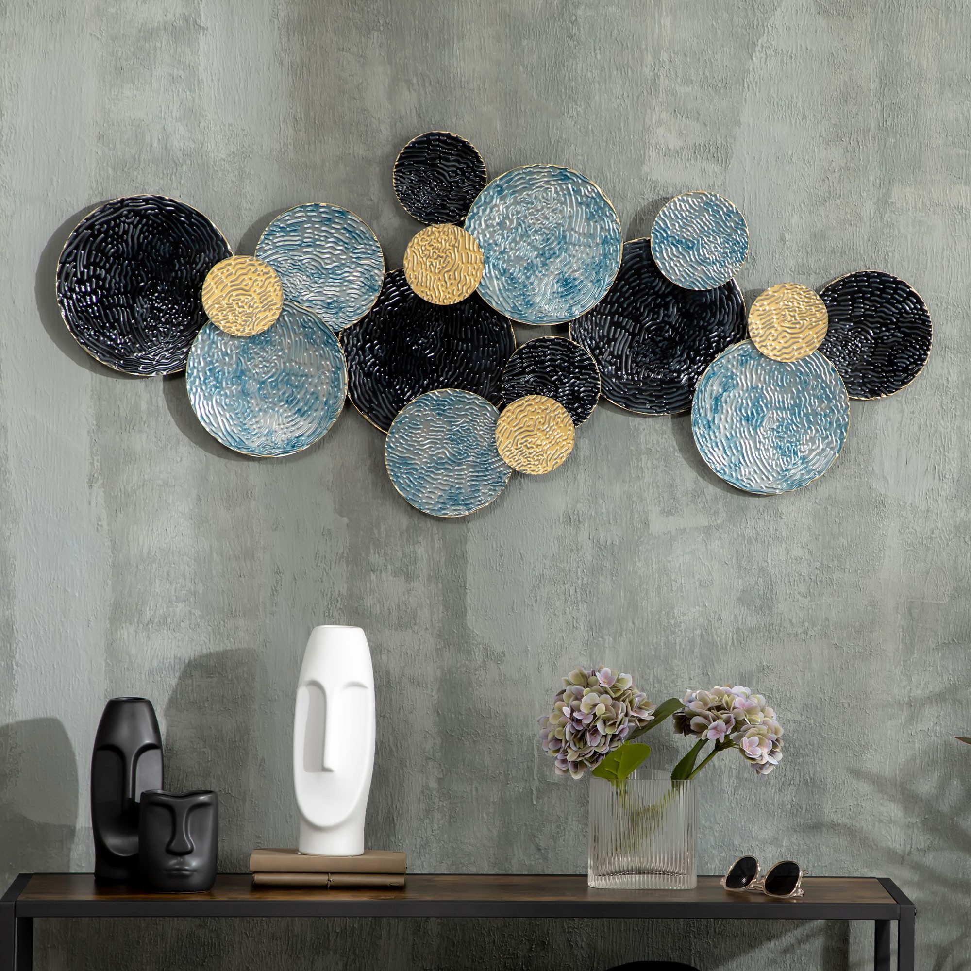 HOMCOM Wandbild 3D Wandornament Metallbild für Schlafzimmer Esszimmer, Rund (Wohnzimmer-Kunst, 1 St), Modern 121 x 53 cm