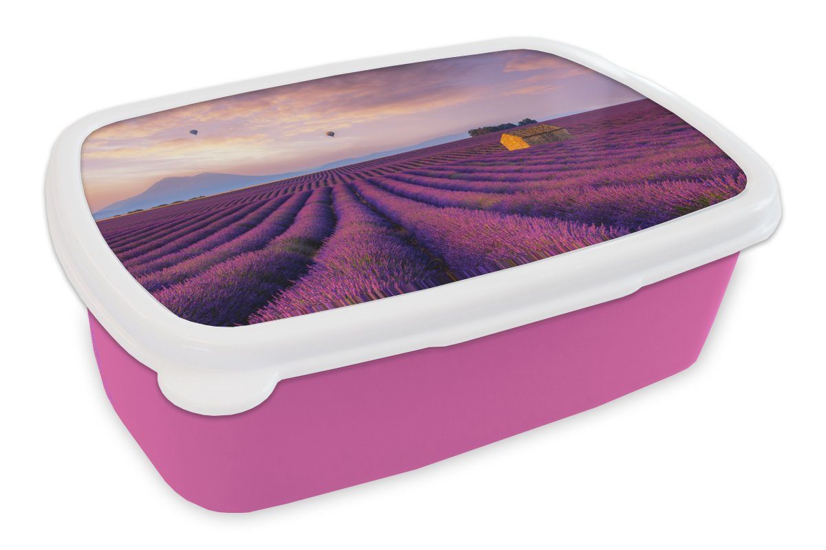 MuchoWow Lunchbox Lavendel - Heißluftballon - Berg - Lila, Kunststoff, (2-tlg), Brotbox für Erwachsene, Brotdose Kinder, Snackbox, Mädchen, Kunststoff rosa