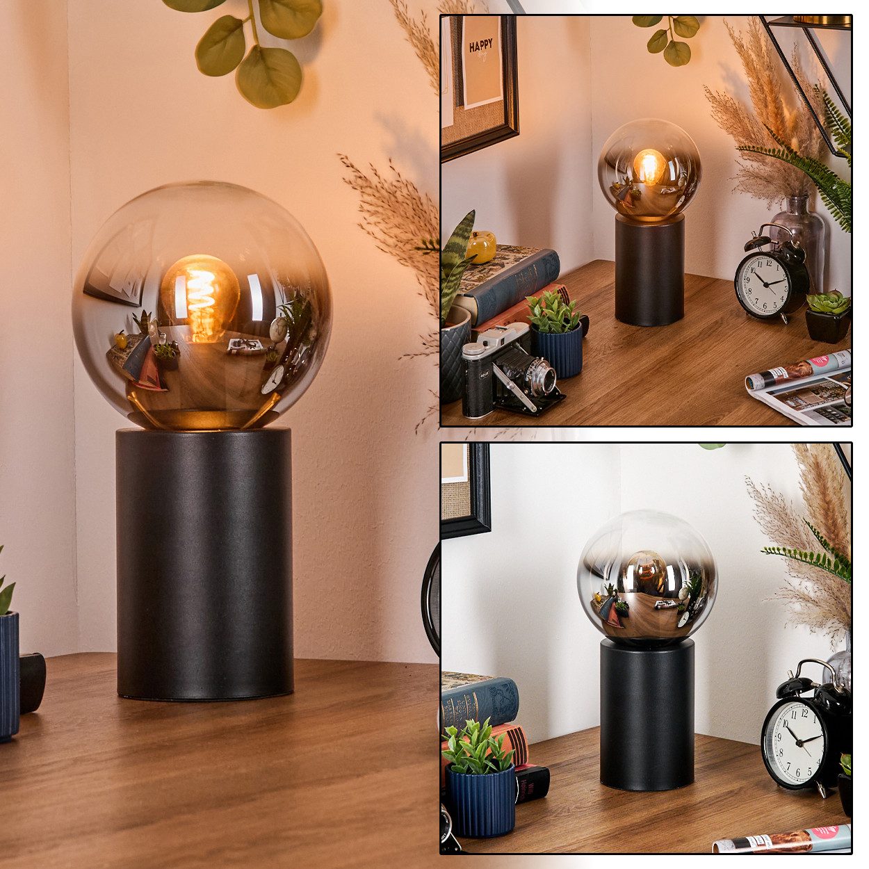 hofstein Tischleuchte Tischlampe aus Metall/Glas in Schwarz/Chrom-/Rauchfarben/Klar, ohne Leuchtmittel, Leuchte im Retro/Vintage-Design mit Glasschirm (15 cm), 1 x E14