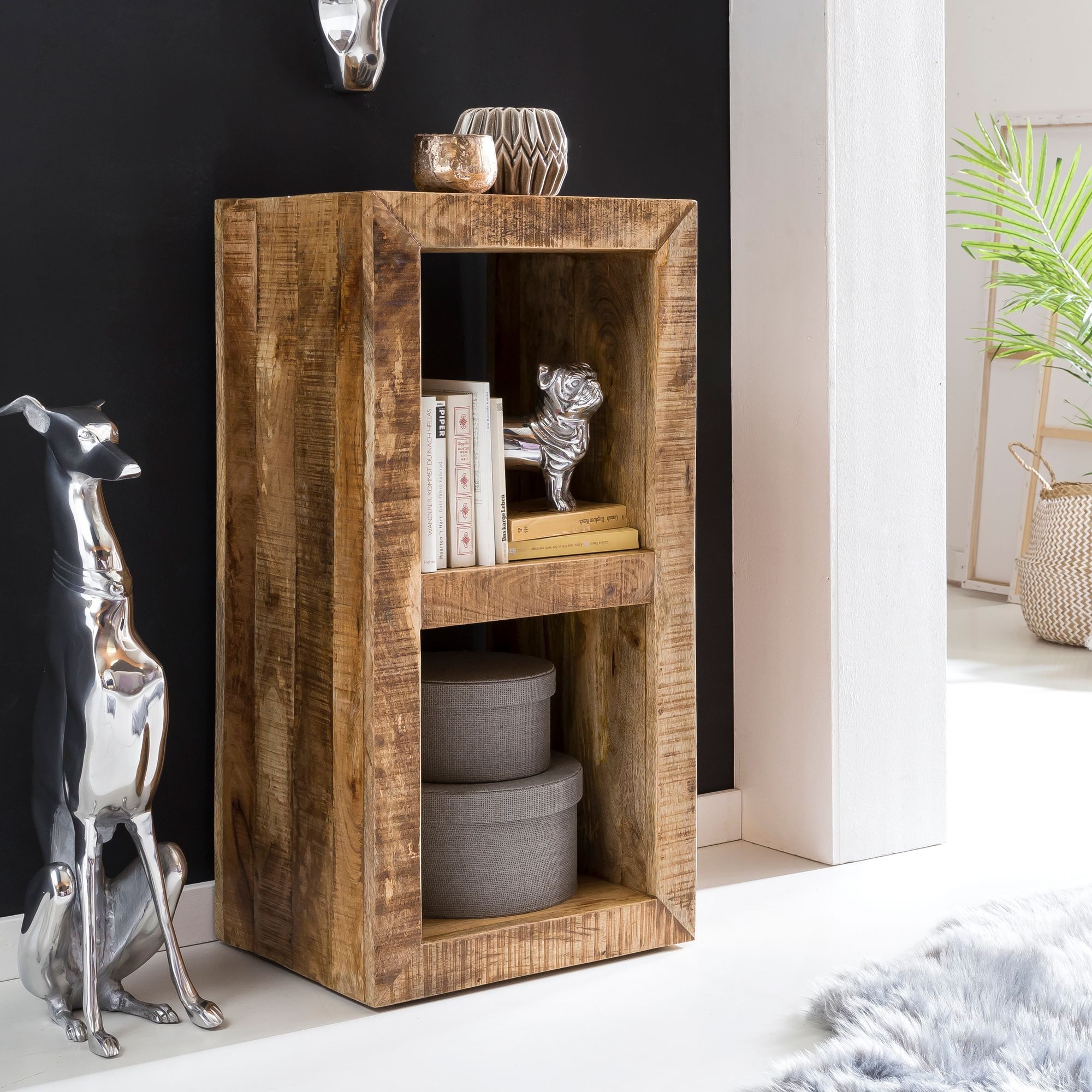 Wohnling Standregal WL5.087 45 x 35 x90 cm Bücherregal Massiv Regal Beistelltisch Holz, Massivholz Mango Regal 90 x 45 x 35 cm 2 Böden, Holzregal Natur Rustikal, Kleines Bücherregal