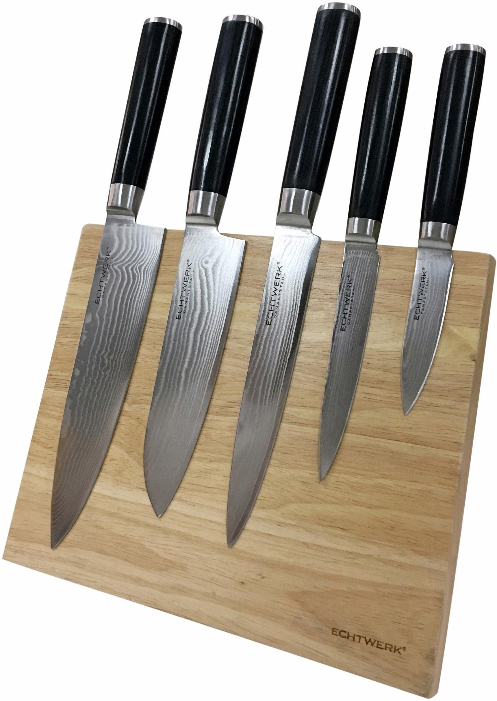 ECHTWERK Magnet-Messerblock (6tlg), incl. Damaszener Messer-Set, ergonomischer Holzgriff aus Pakka-Holz