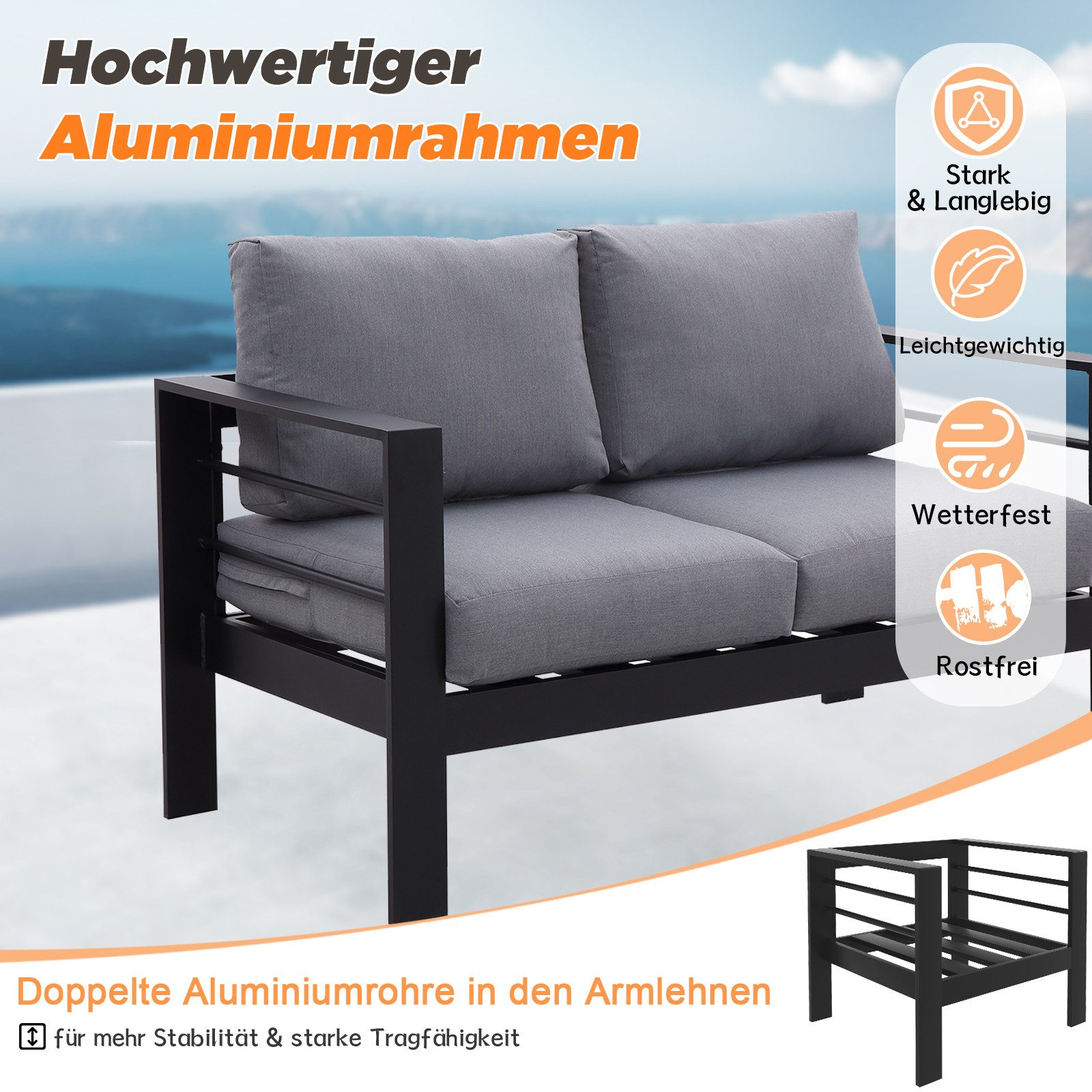MeXo Loungesofa Gartensofa für Balkon 2 Sitzer Aluminium outdoor wetterfest, 12cm Deluxe Relax-Sitzkissen, Belastbarkeit pro Sitzplatz 140kg, 128×65×66cm luxus  – Bild 4 von 5