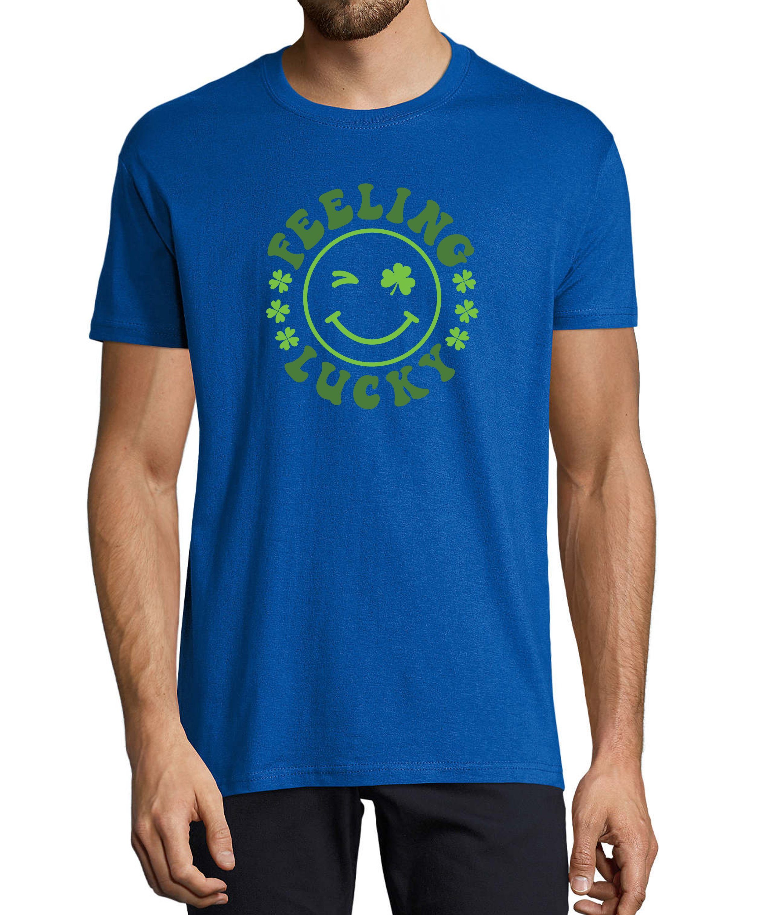 MyDesign24 T-Shirt Herren Smiley Print Shirt - Zwinkernder Smiley mit Kleeblättern Baumwollshirt mit Aufdruck Regular Fit, i295 royal blau