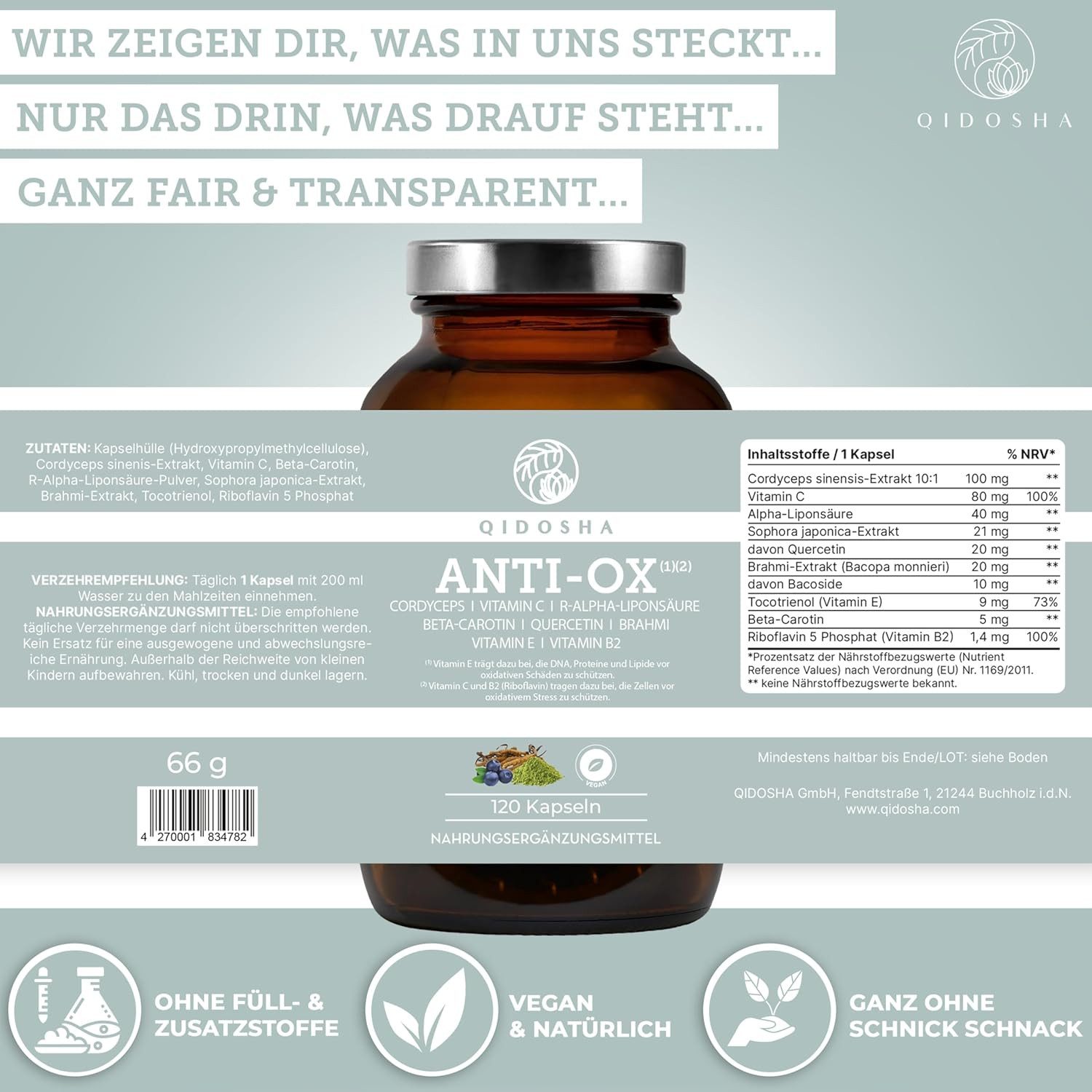 QIDOSHA Antioxidantien-Komplex ANTI-OX Kapseln, TESTSIEGER 01/2024*, mit Cordyceps sinensis Extrakt, R-Alpha-Liponsäure, Quercetin, Brahmi-Extrakt, Beta-Carotin sowie den Vitaminen C, E und B2 à 120 St., 52 g