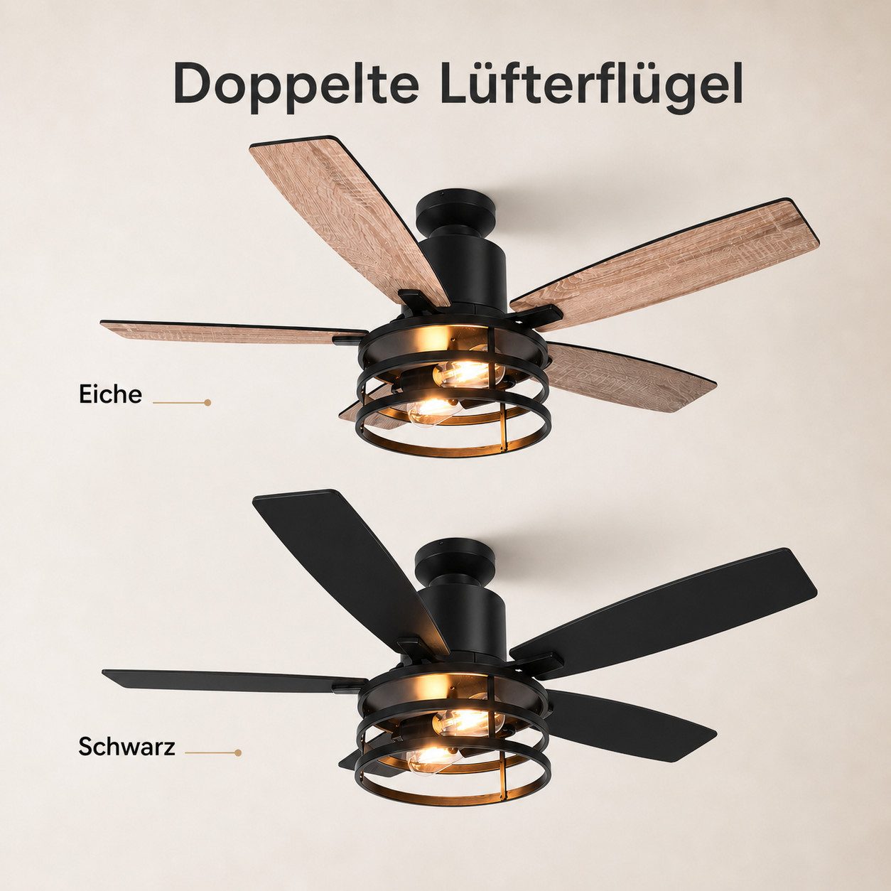 Rosnek Deckenventilator mit Licht, 132 cm, Fernbedienung & 6 Stufen, Leiser DC-Motor, Timer, Wendeflügel für Schlaf- & Wohnzimmer