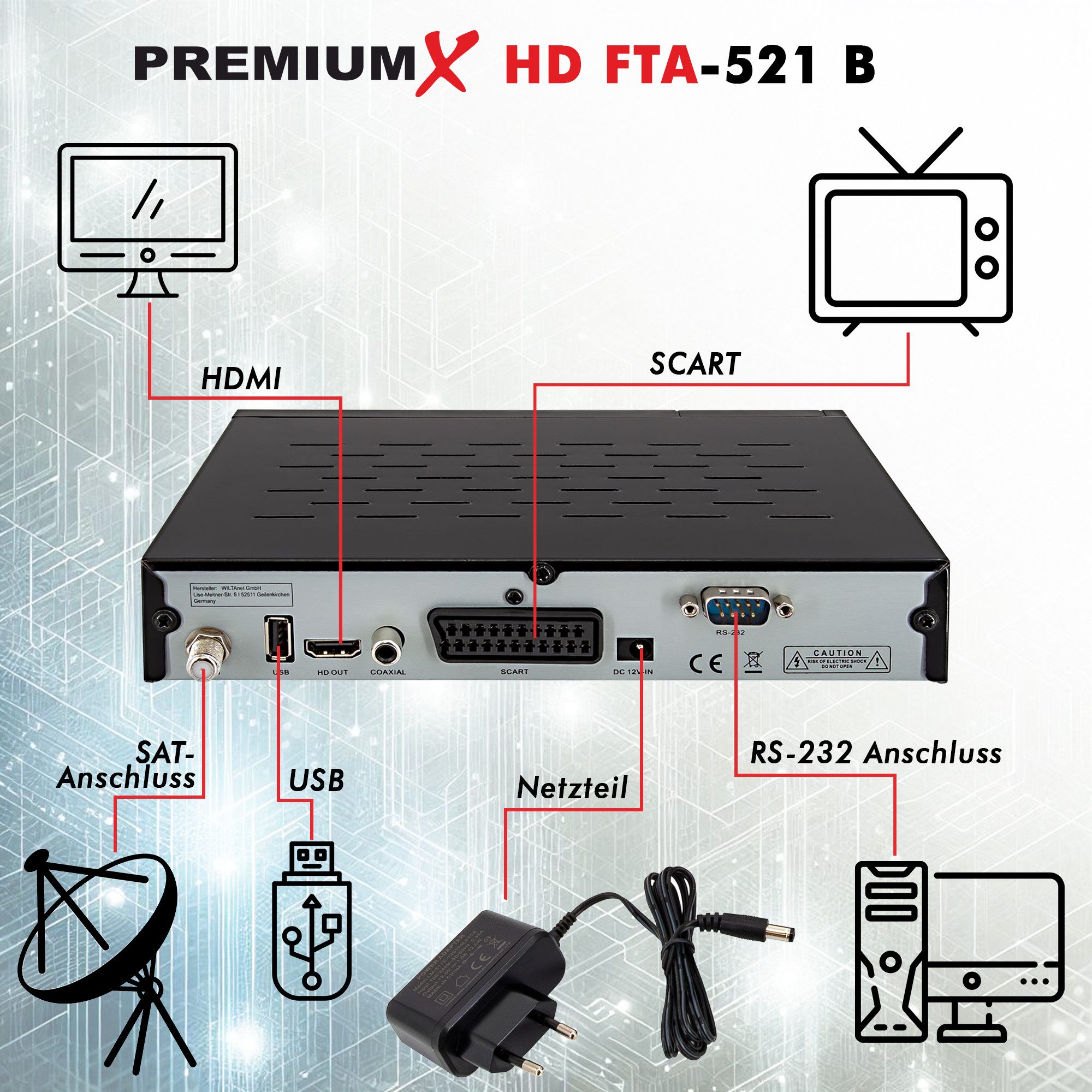 PremiumX HD 521 B FTA Digital SAT Receiver DVB-S2 HDMI SCART USB 12V FullHD SAT-Receiver – Bild 5 von 5