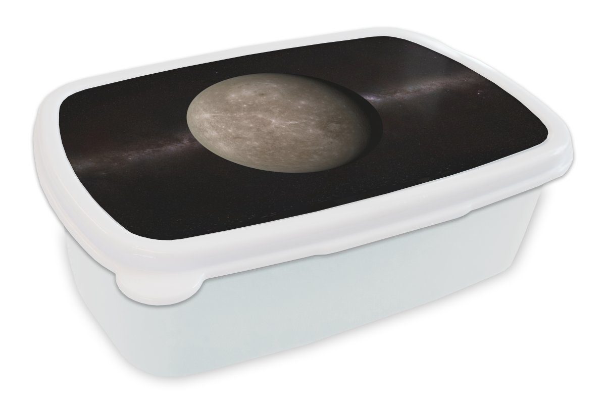 MuchoWow Lunchbox Eine Illustration des Planeten Merkur, Kunststoff, (2-tlg), Brotbox für Kinder und Erwachsene, Brotdose, für Jungs und Mädchen weiß