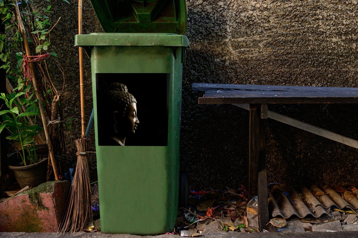Gesicht Mülleimer-aufkleber, Sticker, Mülltonne, - Container, Wandsticker Schwarz (1 St), MuchoWow Buddha - Abfalbehälter