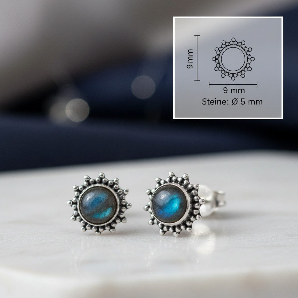 mantraroma Paar Ohrstecker BUWAN rund aus 925 Silber mit Labradorit (Paar, Paar Ohrringe mit Schmuckbeutel), 925 Sterling Silber Ohrringe für Damen