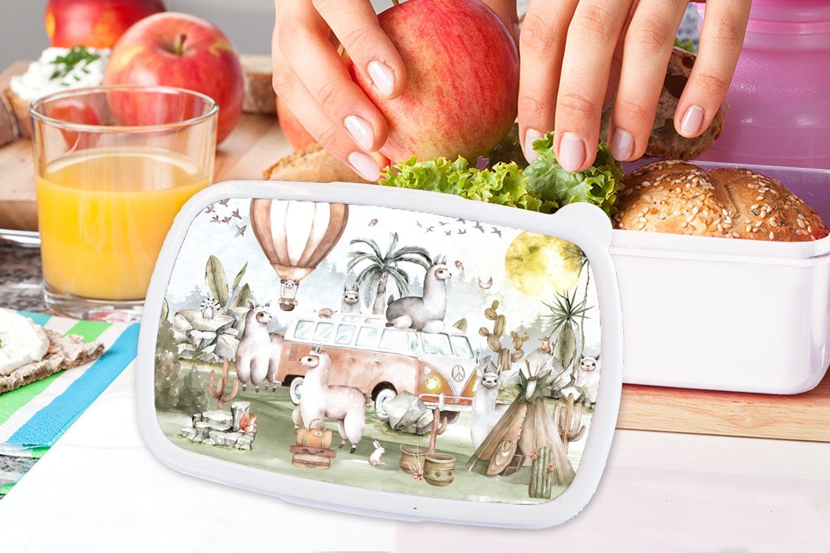 (2-tlg), weiß Kinder Tiere Jungs - Lunchbox Brotbox Heißluftballon für Kinder, und MuchoWow Erwachsene, - für - Brotdose, und Kunststoff, Kinder Mädchen Alpaka -