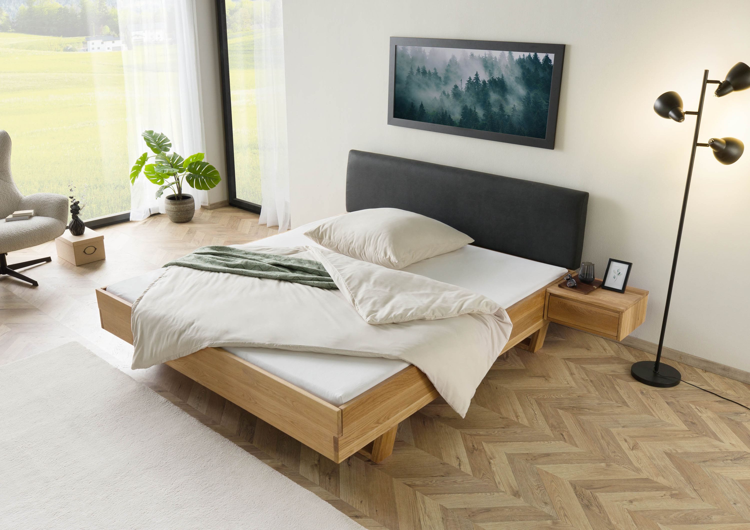 Massivmoebel24 Massivholzbett FICHTELBERG (mit Nachttisch Fichte 160x200x85 Kopfteil anthrazit FICHTELBERG #42), mit Nachttisch Fichte 160x200x85 Kopfteil anthrazit FICHTELBERG #42