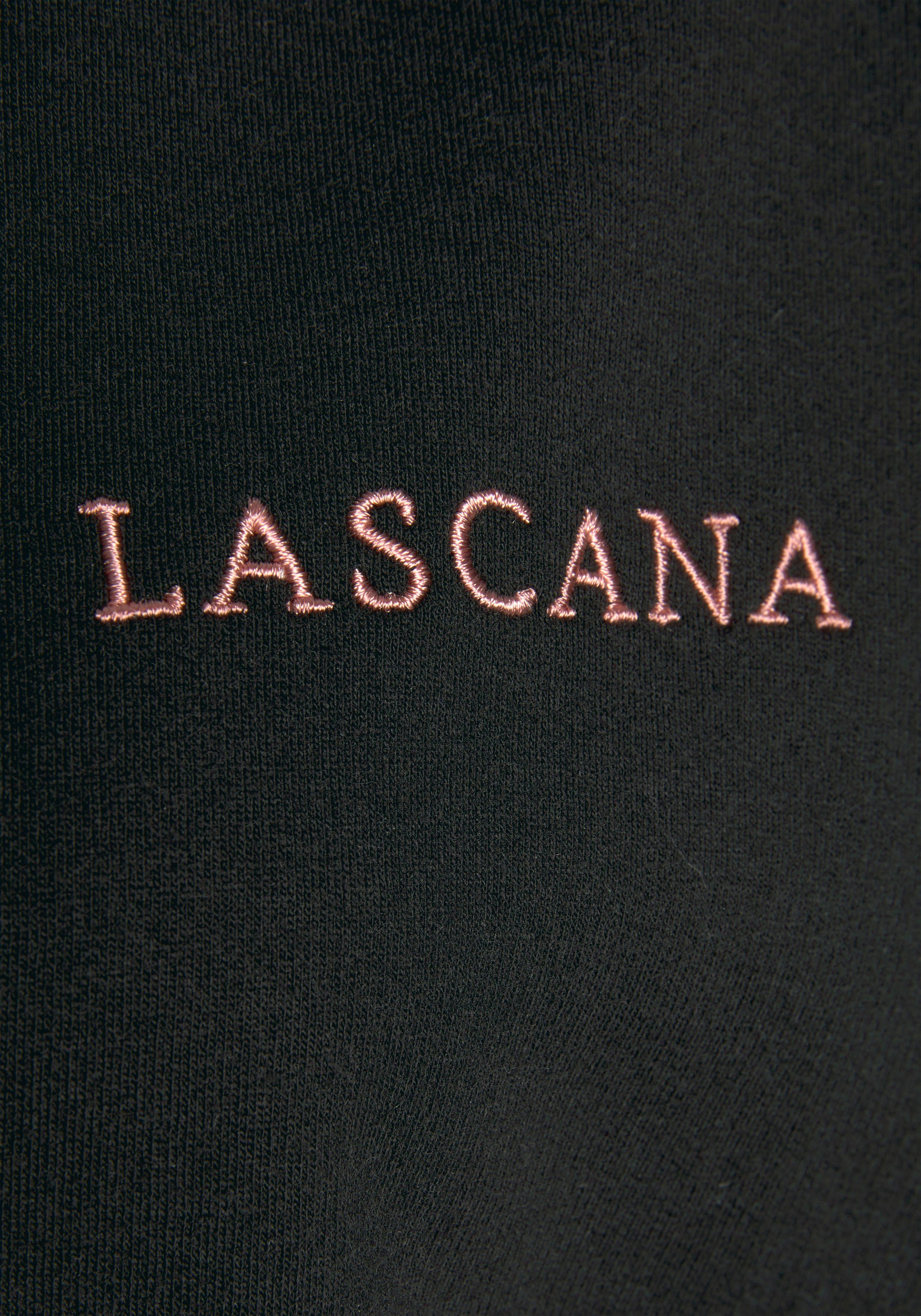 Homewear mit Kapuzensweatjacke kupferfarbenen Reißverschluss schwarz und Logostickerei, LASCANA Loungeanzug