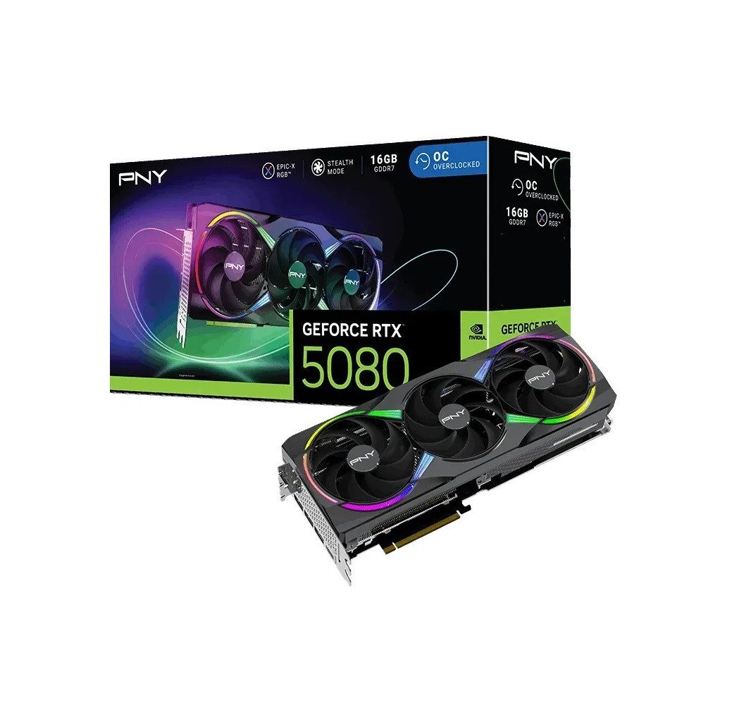 PNY GeForce RTX 5080 ARGB Epic-X RGB OC Grafikkarte (16 GB, GDDR7, AI-Beschleunigung, LED-Beleuchtung (RGB), Overclocking)