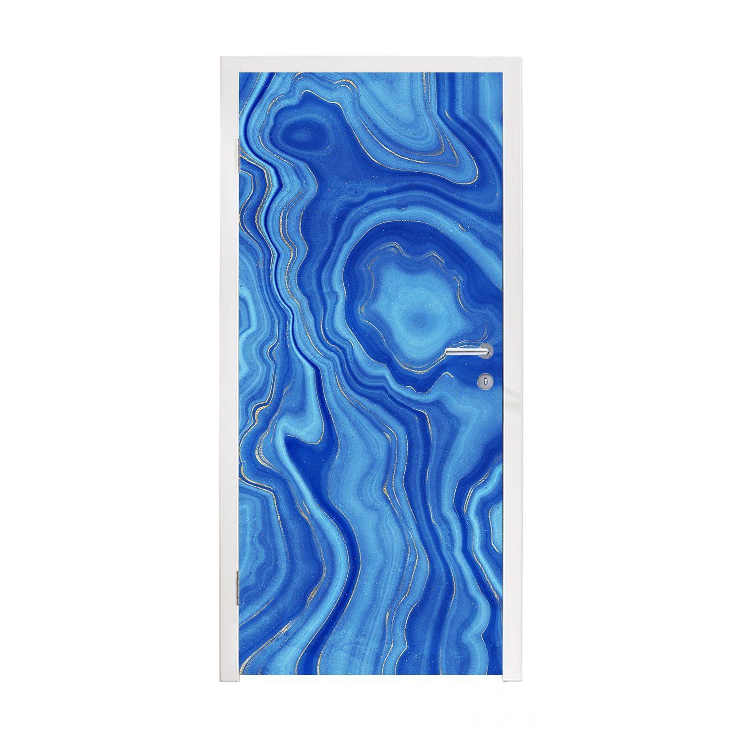 cm Gold, - (1 Matt, St), Fototapete Marmor 75x205 Blau Türaufkleber, MuchoWow - bedruckt, für Türtapete Tür,