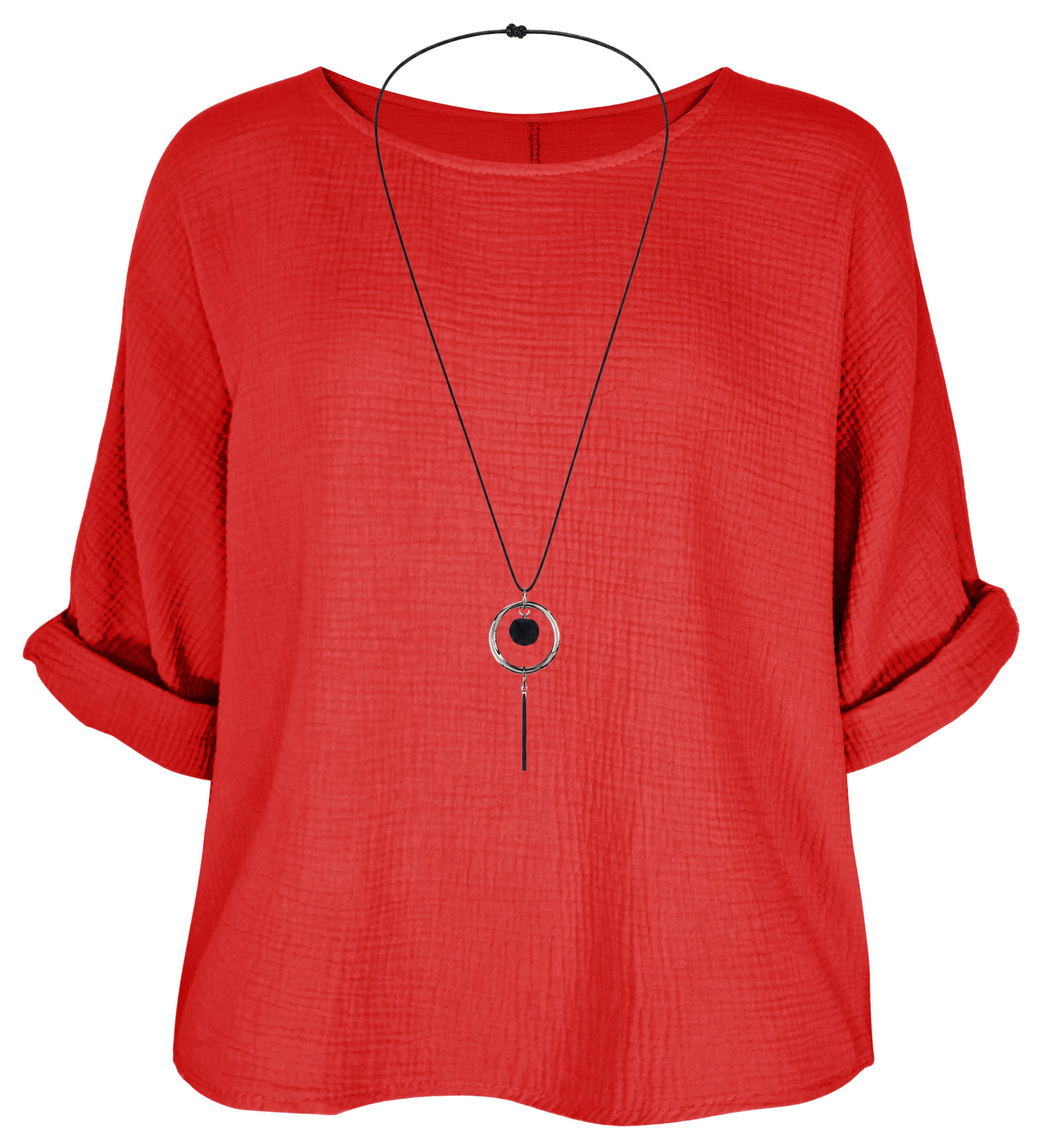 dy_mode Crinklebluse Damen Musselin Bluse Oversize Bluse Blusenshirt Oberteil Baumwolle in Unifarbe, mit passende Kette