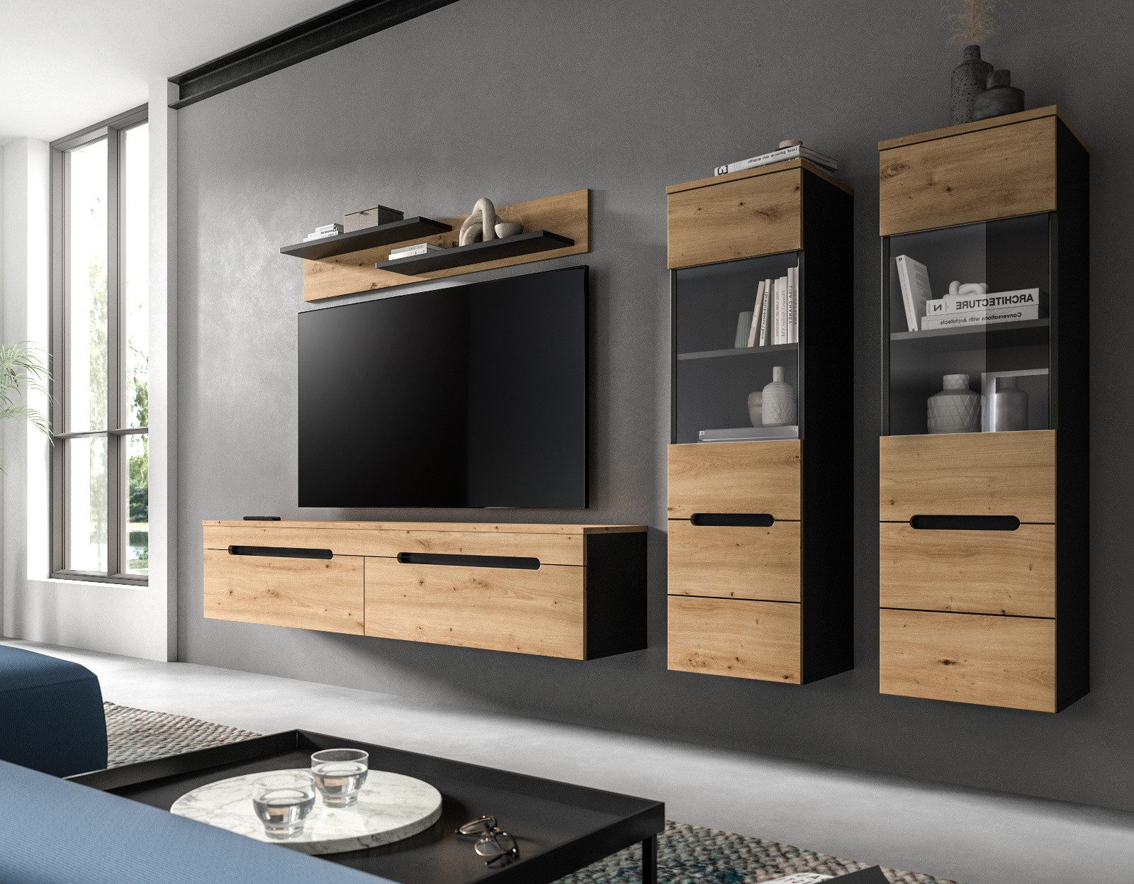 Inn.Furn Wohnwand Cooper, (Schrankwand in Eiche Artisan und Grau, 4-teilig, 270 cm), hängend oder stehend, Soft-Close – Bild 4 von 5