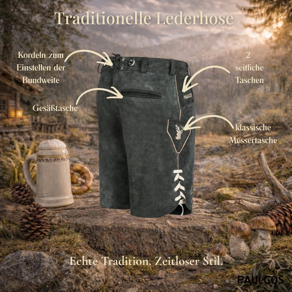 PAULGOS Trachtenhose Herren Lederhose Kurz mit Trägern 100% Echtleder - HK3