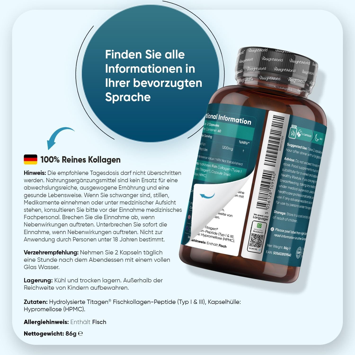 WeightWorld Marine Kollagen Kapseln – Für Haut, Haare & Nägel von innen Kapseln, 1 er 120 St., 86 g, 1200mg reines Marine Collagen Typ I und III