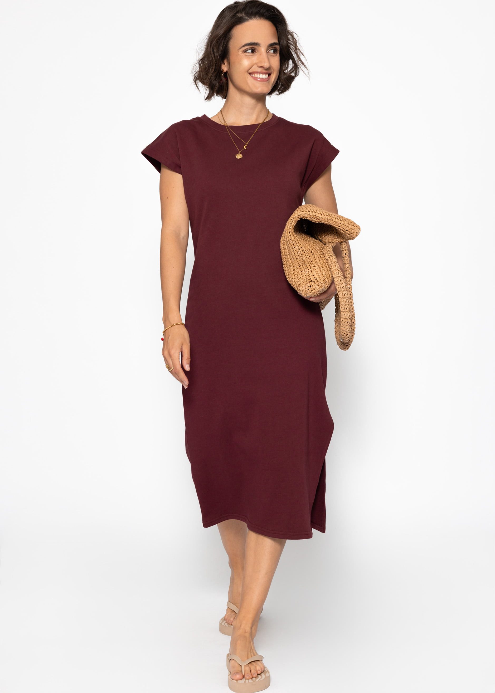 SASSYCLASSY Minikleid Kurzarm Sweatkleid Damen Midi mit Schlitz Shirtkleid in Midilänge Jerseykleid aus Baumwolle Schwarz Rot Grün