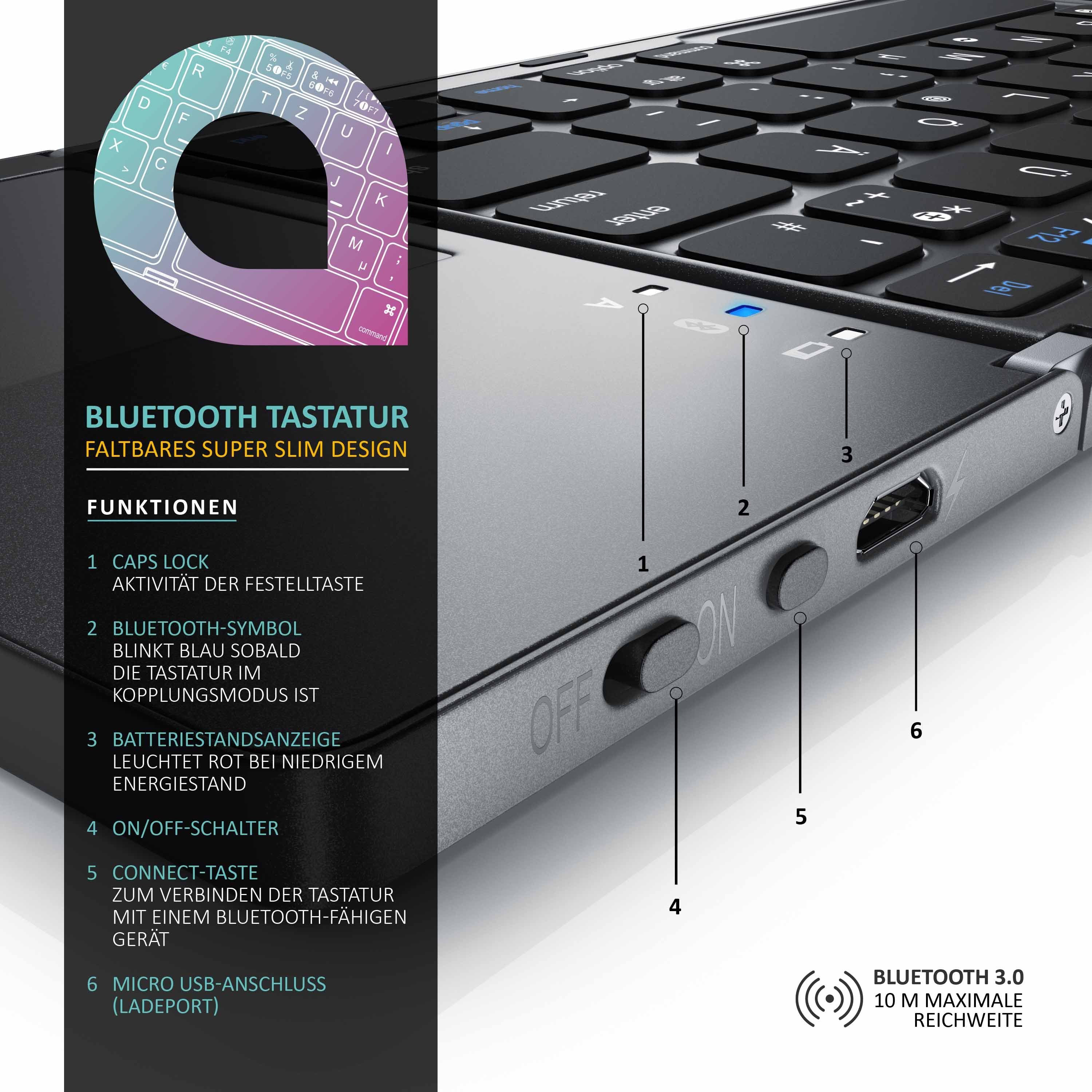 Aplic faltbares Mini Bluetooth Keyboard mit Touchpad im Super Slim Design Wireless-Tastatur (Multitouch-Gestensteuerung, QWERTZ, klappbar, für PC Smartphone Tablet)