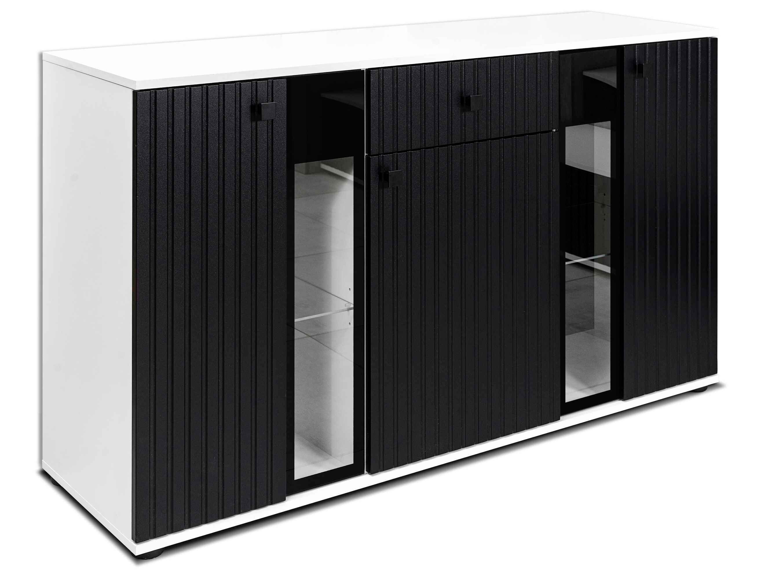 Anrichte 3-türige Glastüren x x Weiß-Schwarz 140 mit B140,4 cm, Schublade Sideboard Maße: Furnix T40,2 und SARAI H80 cm
