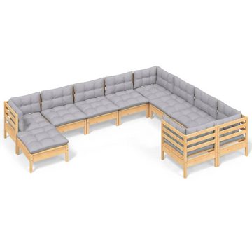 vidaXL Gartenlounge-Set 10-tlg. Garten-Lounge-Set mit Grauen Kissen Kiefernholz, (1-tlg)