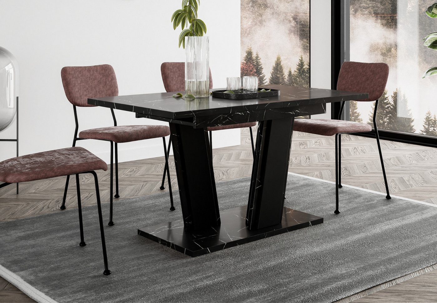 Home Collective Esstisch ausziehbar Tisch Küchentisch Esszimmertisch Ausziehtisch 120 / 140 cm (wählbar in 120-160 oder 140-180 x 80 cm Esszimmer Küche Wohnzimmer Esstisch erweiterbar), modernes Design mit Doppel-Säulengestell Schwarzer Marmor-Optik