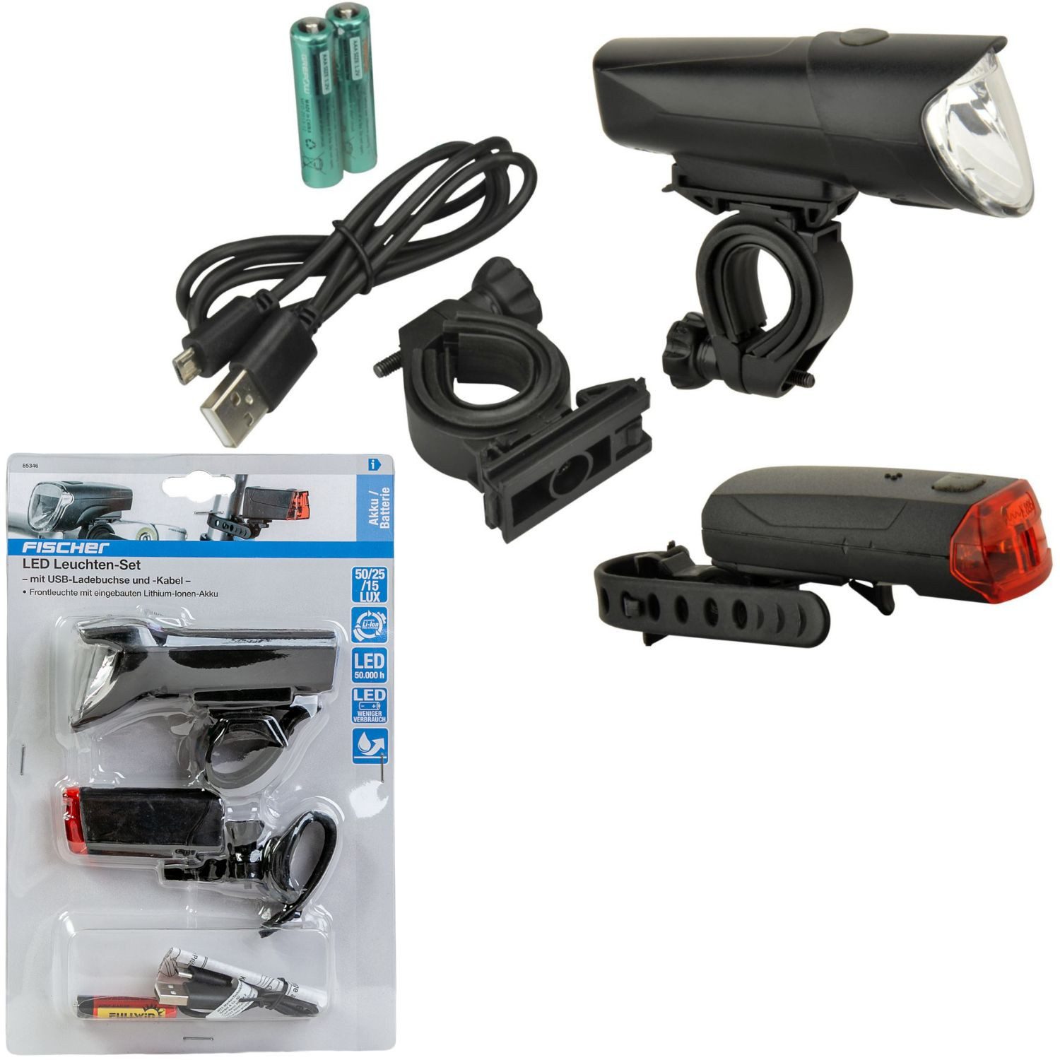 FISCHER Fahrrad Fahrradbeleuchtung LED Fahrrad-Licht Set Akku Beleuchtung 50 Lux, Frontlampe 50 25 15 Lux 3 Stufen Rücklicht StVZO zugelassen Halter