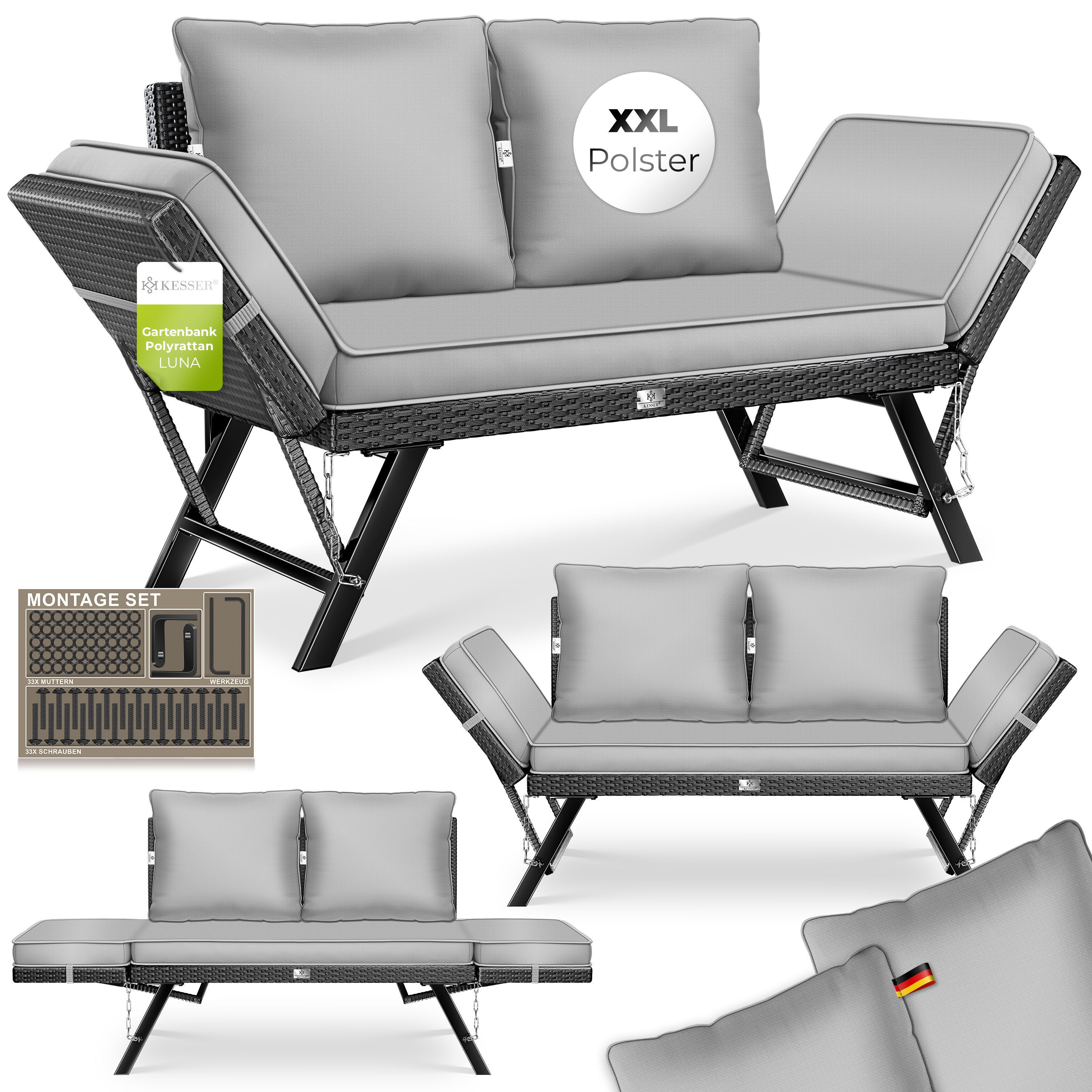 KESSER Gartenbank Polyrattan Gartensofa 4-in-1 mit Liegefunktion & Verstell-Funktion (Gartencouch mit Sitzkissen & Rückenkissen Extra Dicke & Weiche Polster), Balkon-Sofa Wetterfest für Garten, Balkon & Terrasse