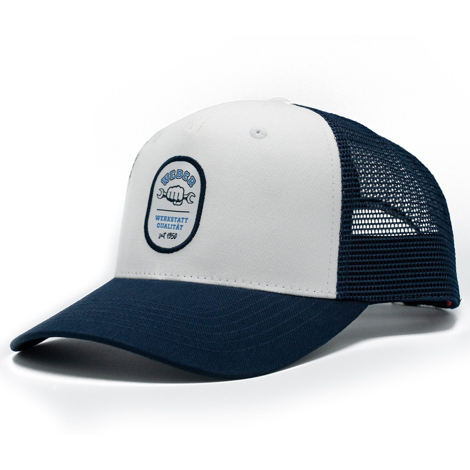 Weber GmbH Trucker Cap Weber #Werkeholics Mesh Baseball Cap blau/weiß (1-St) basecap, mit bedrucktem Unterschirm