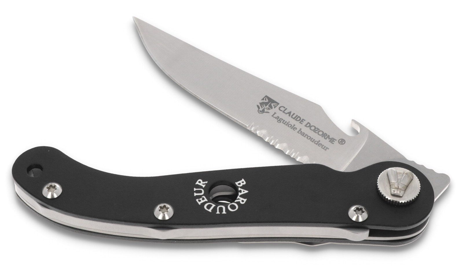 Claude Dozorme Taschenmesser 1.10.171.53, Laguiole Baroudeur - Griff 12cm Alu schwarz eloxiert - Gürtelclip